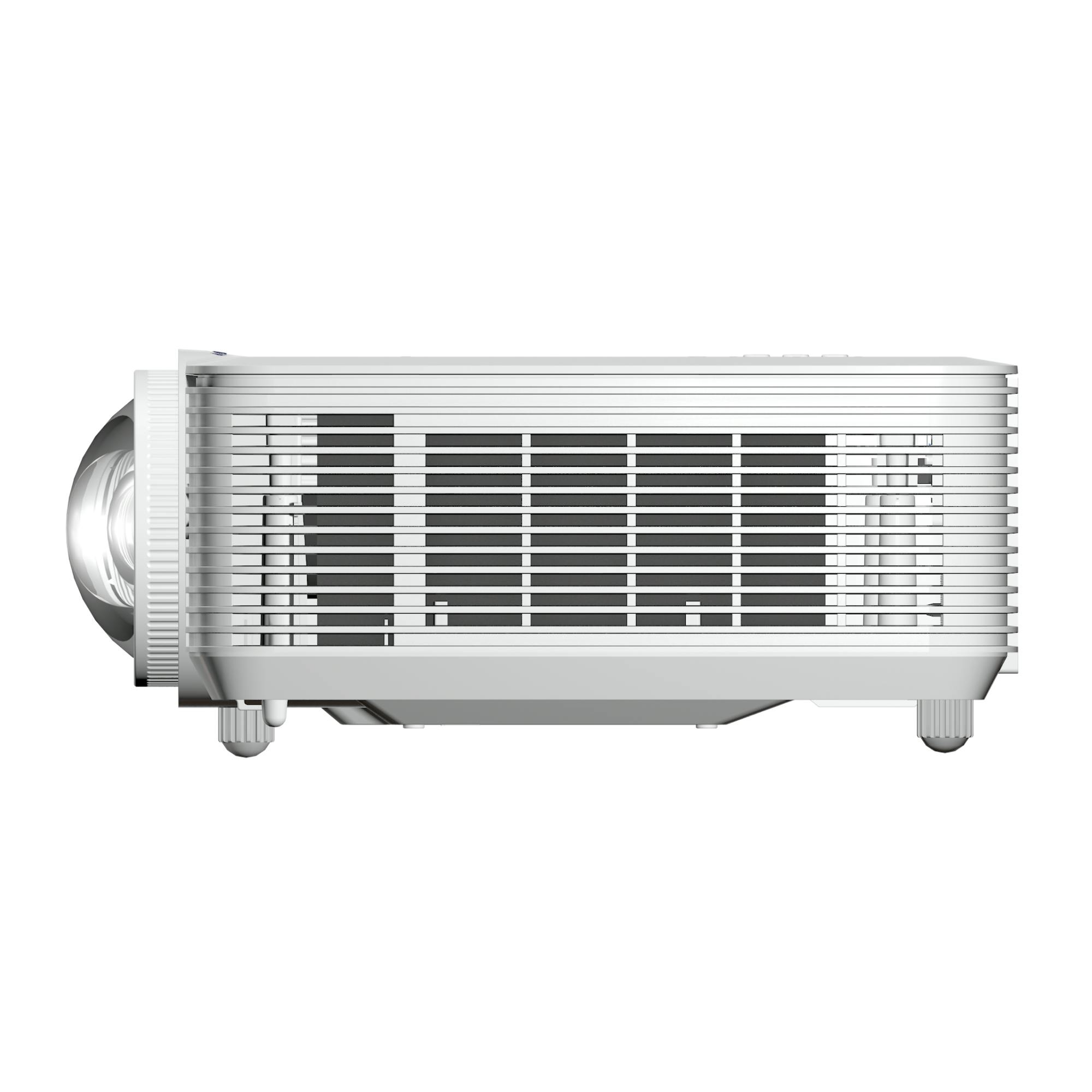 Biały projektor Optoma, widok z boku, z obiektywem i otworami wentylacyjnymi.