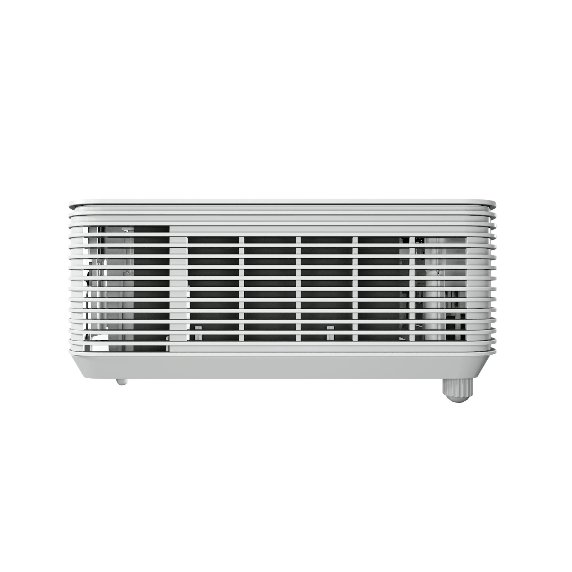 Biały projektor z konstrukcją wentylacyjną. Projektor jest na białym tle.