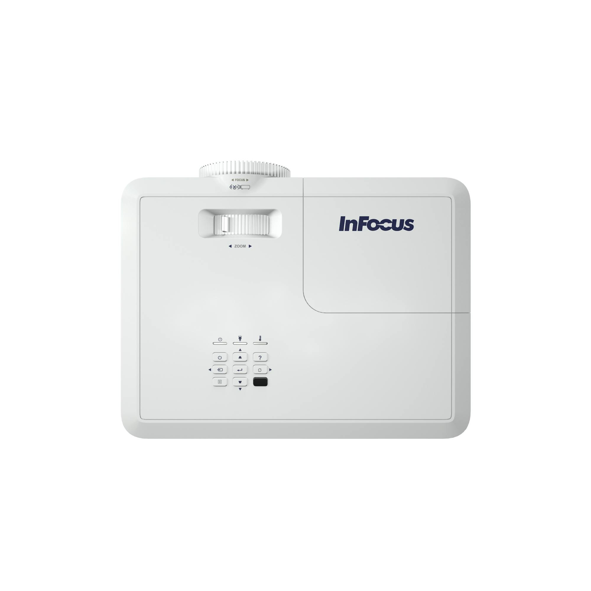White InFocus projector. The top has adjustment controls and the InFocus logo is on the side.