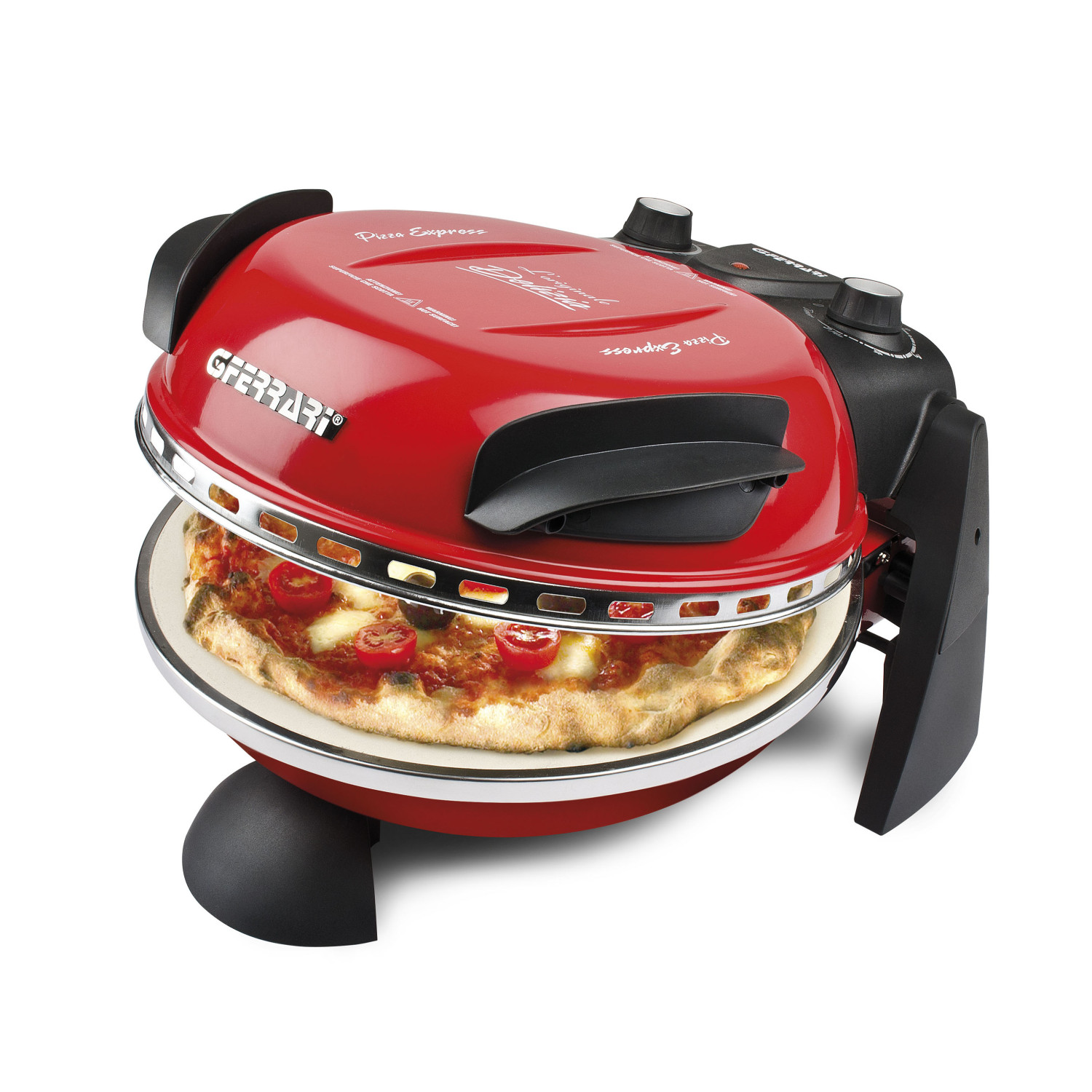 Czerwony piec do pizzy z pizzą w środku. Widoczny czarny uchwyt i elementy sterujące.