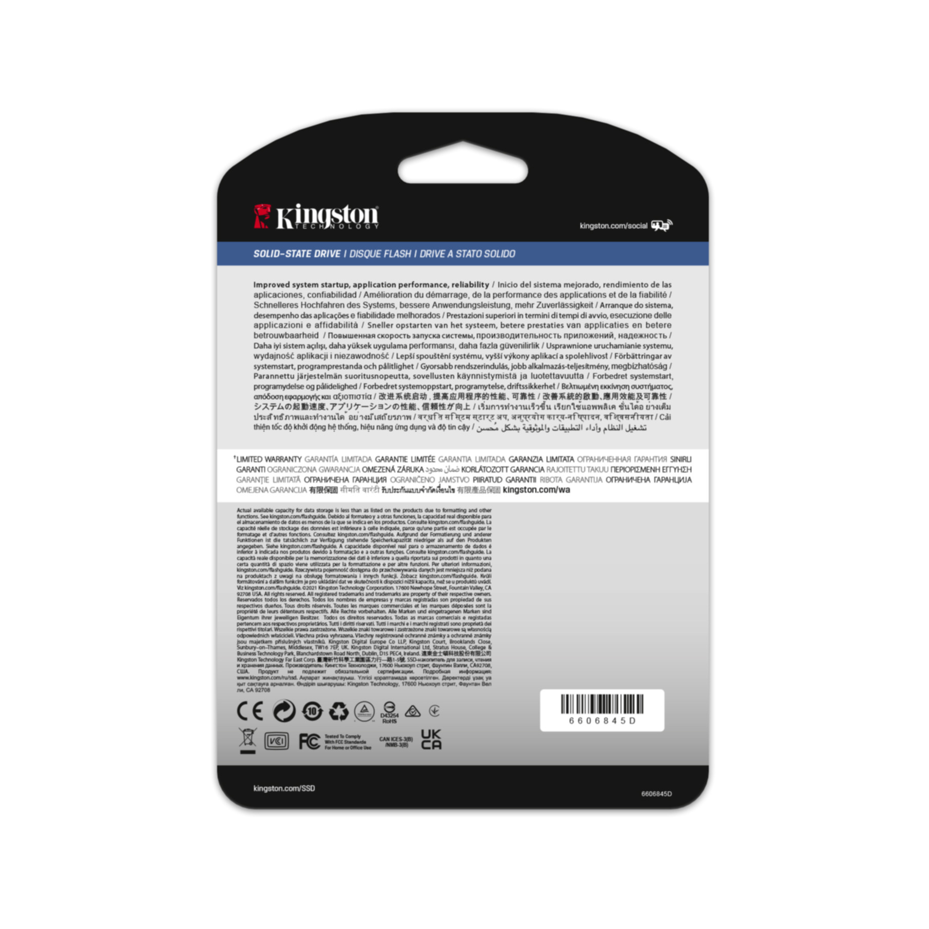 Opakowanie dysku SSD Kingston z tekstem w wielu językach.