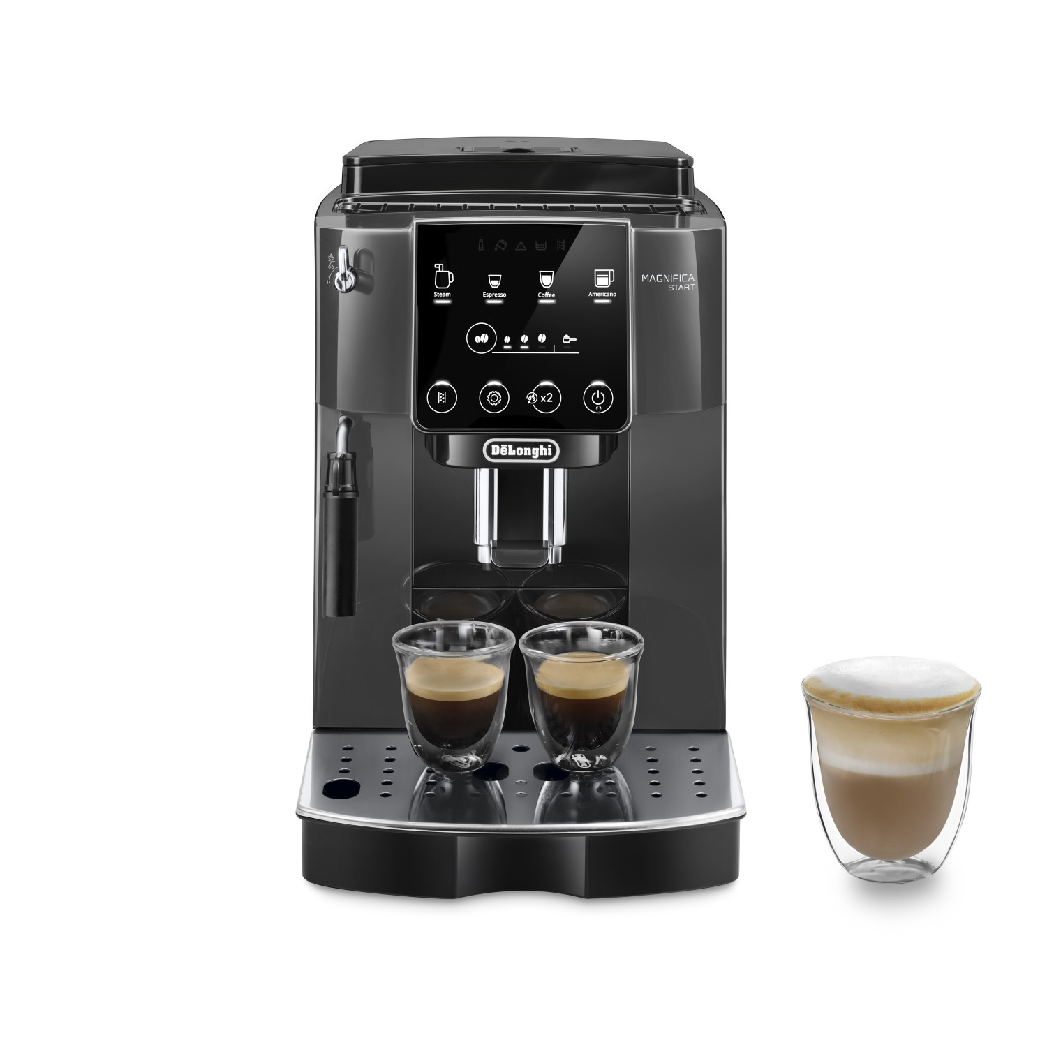 Una macchina da caffè con due espressi e un latte.