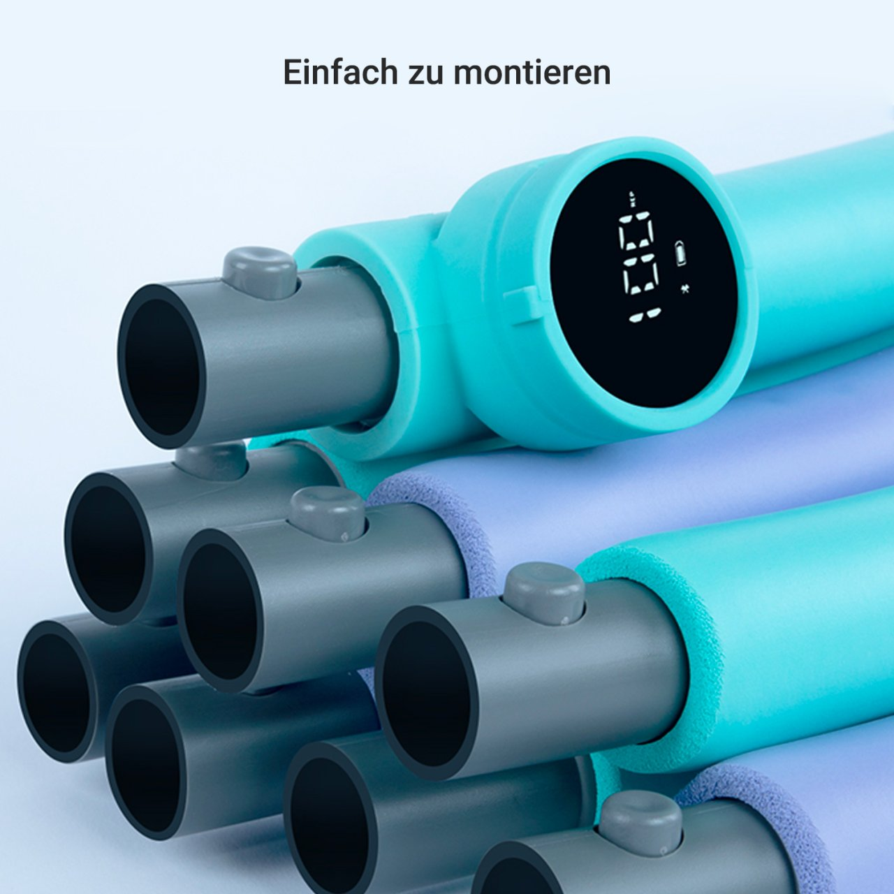 Hula-Hoop, türkis und grau. LED-Anzeige zeigt Zahlen. Weißer Hintergrund.