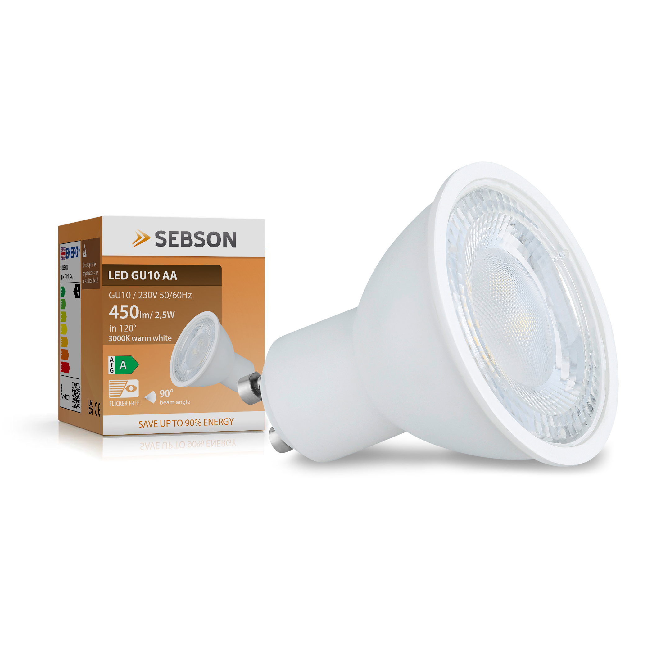 Weiße LED GU10-Glühbirne neben ihrer Verpackung. Verpackung enthält Energieeffizienzklassen und Produktinformationen.