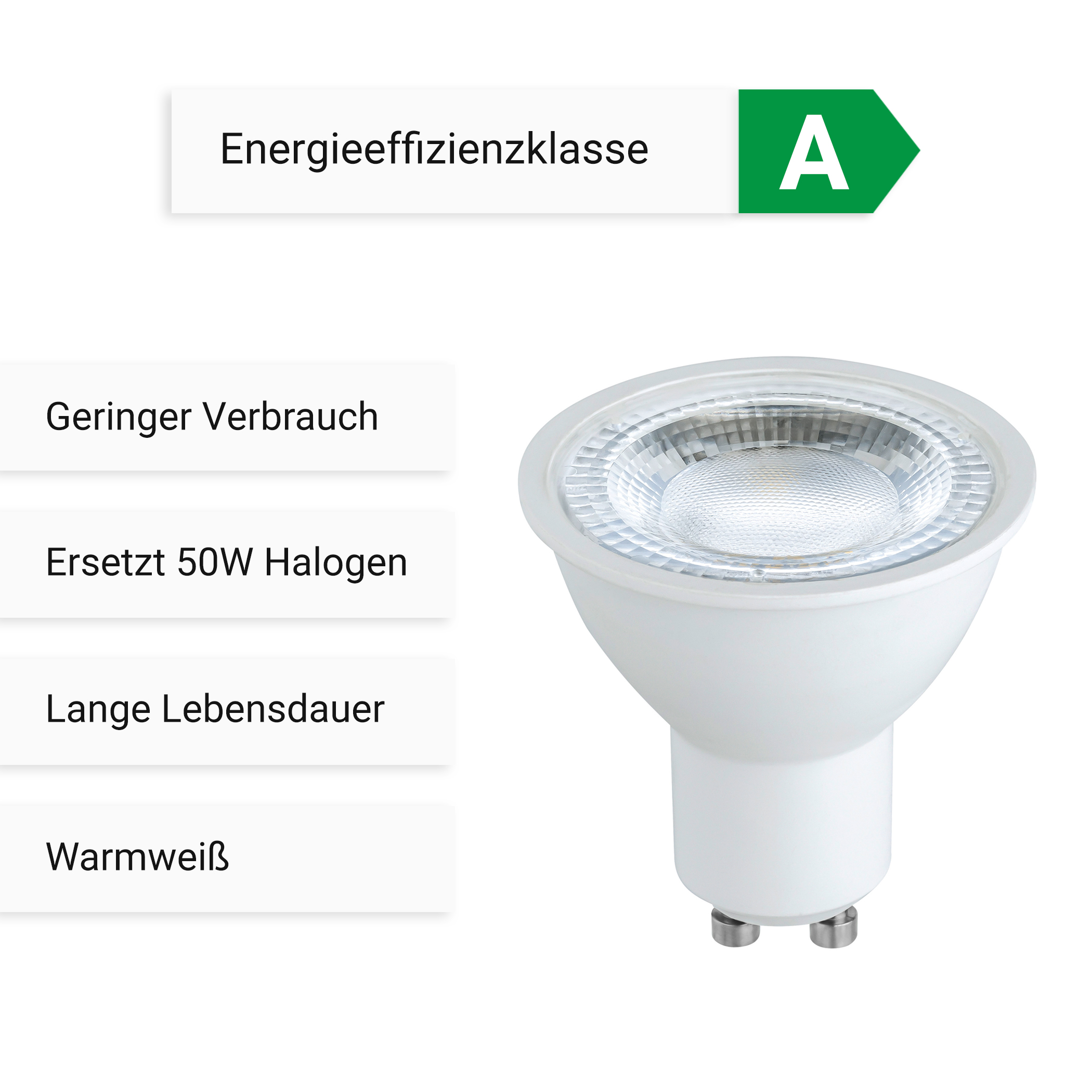 Weiße LED-Glühbirne mit Energieeffizienzlabel und Text: geringer Verbrauch, ersetzt Halogen.