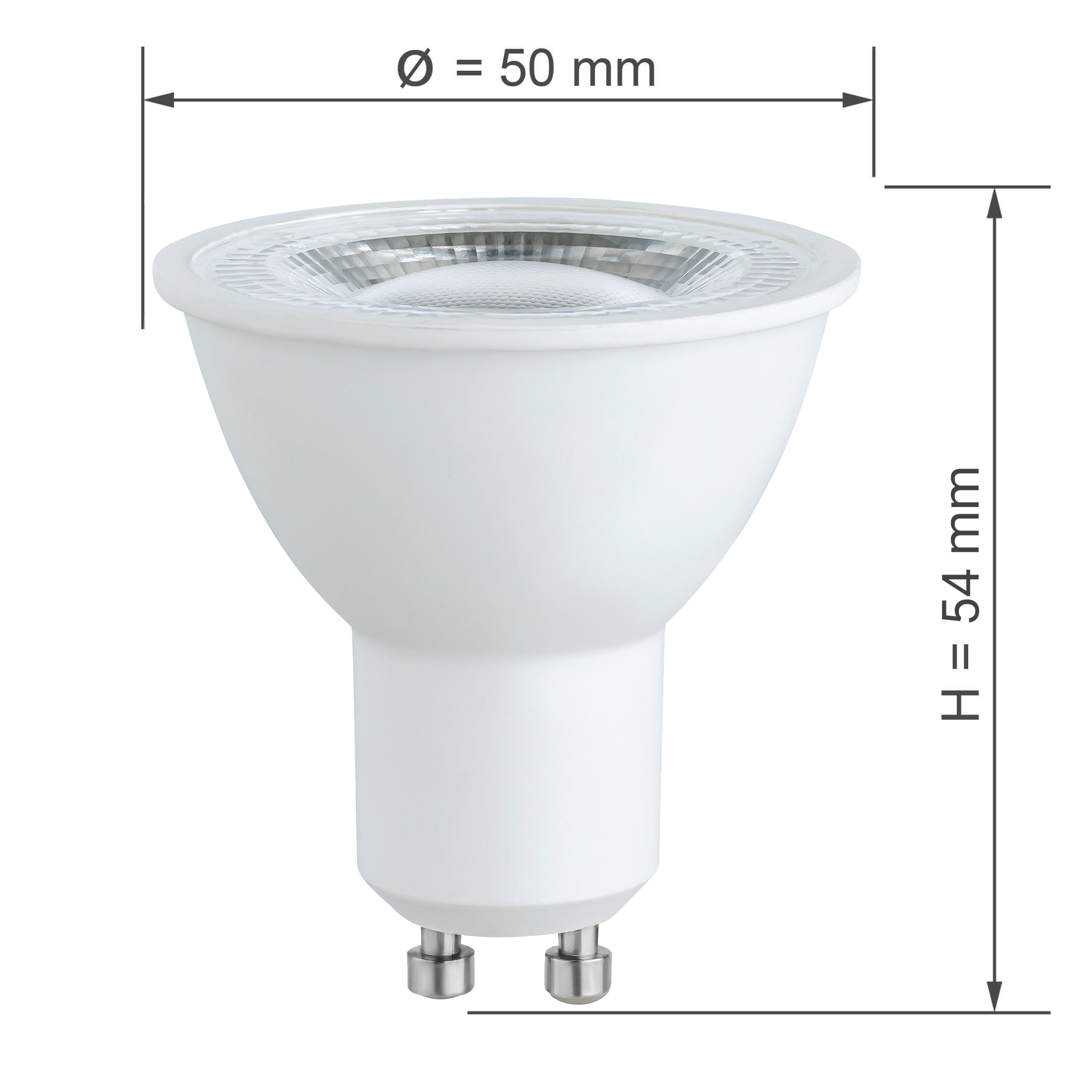Weiße Glühbirne mit Abmessungen: 50mm Durchmesser, 54mm Höhe.