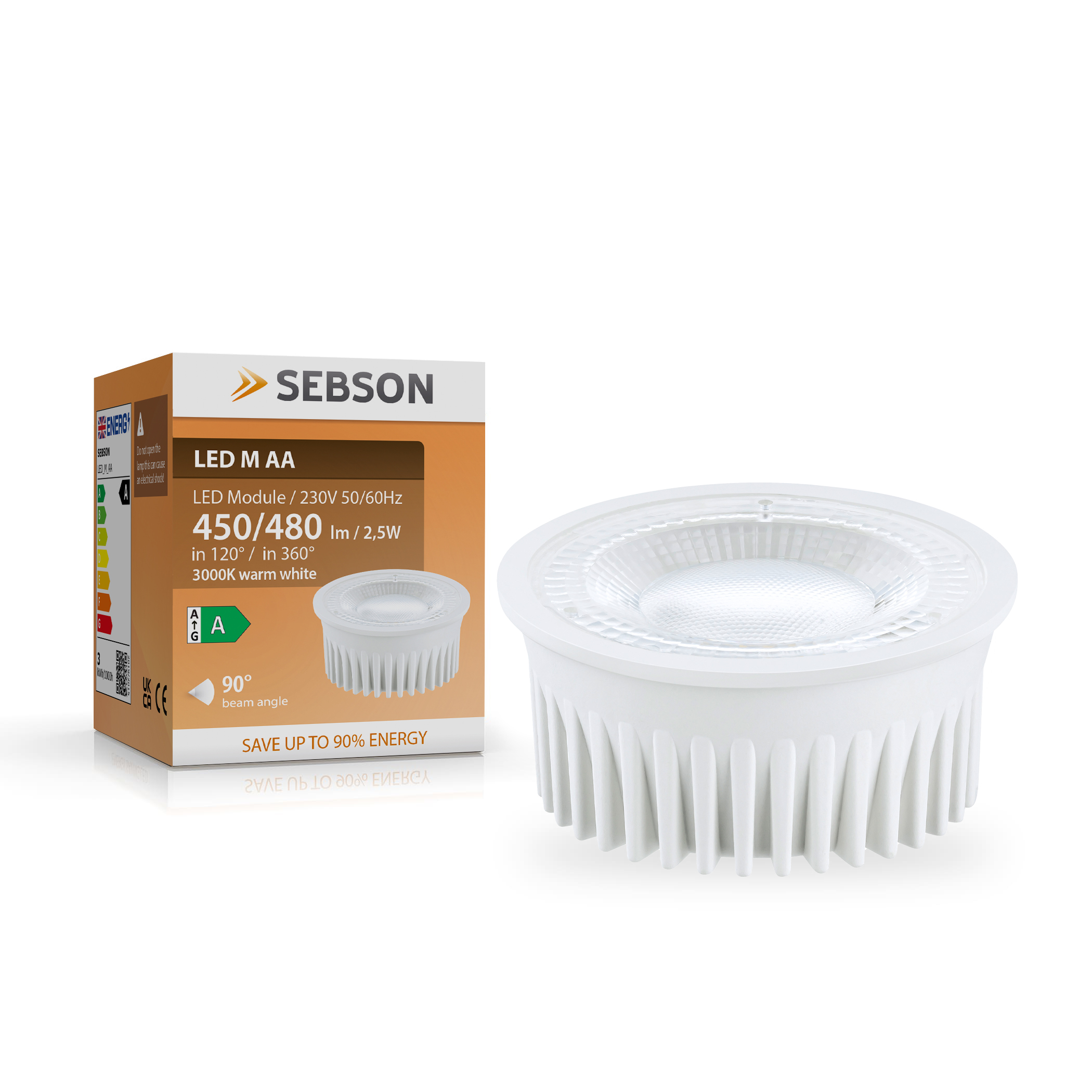 Ein weißes LED-Modul mit Verpackung. Das Modul ist zylindrisch mit Kühlrippen.