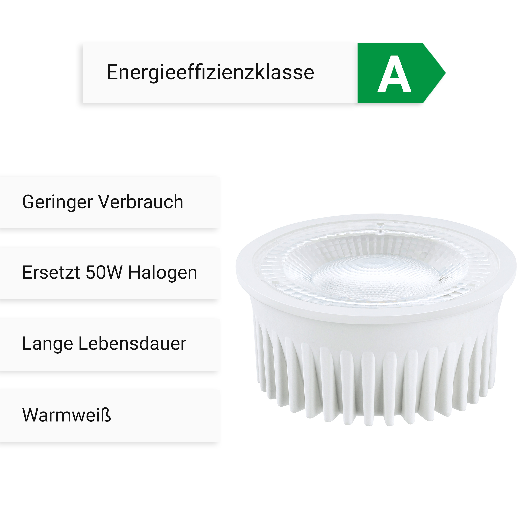 Weiße LED-Glühbirne mit grünem Energieeffizienzlabel. Text enthält 'Geringer Verbrauch'.