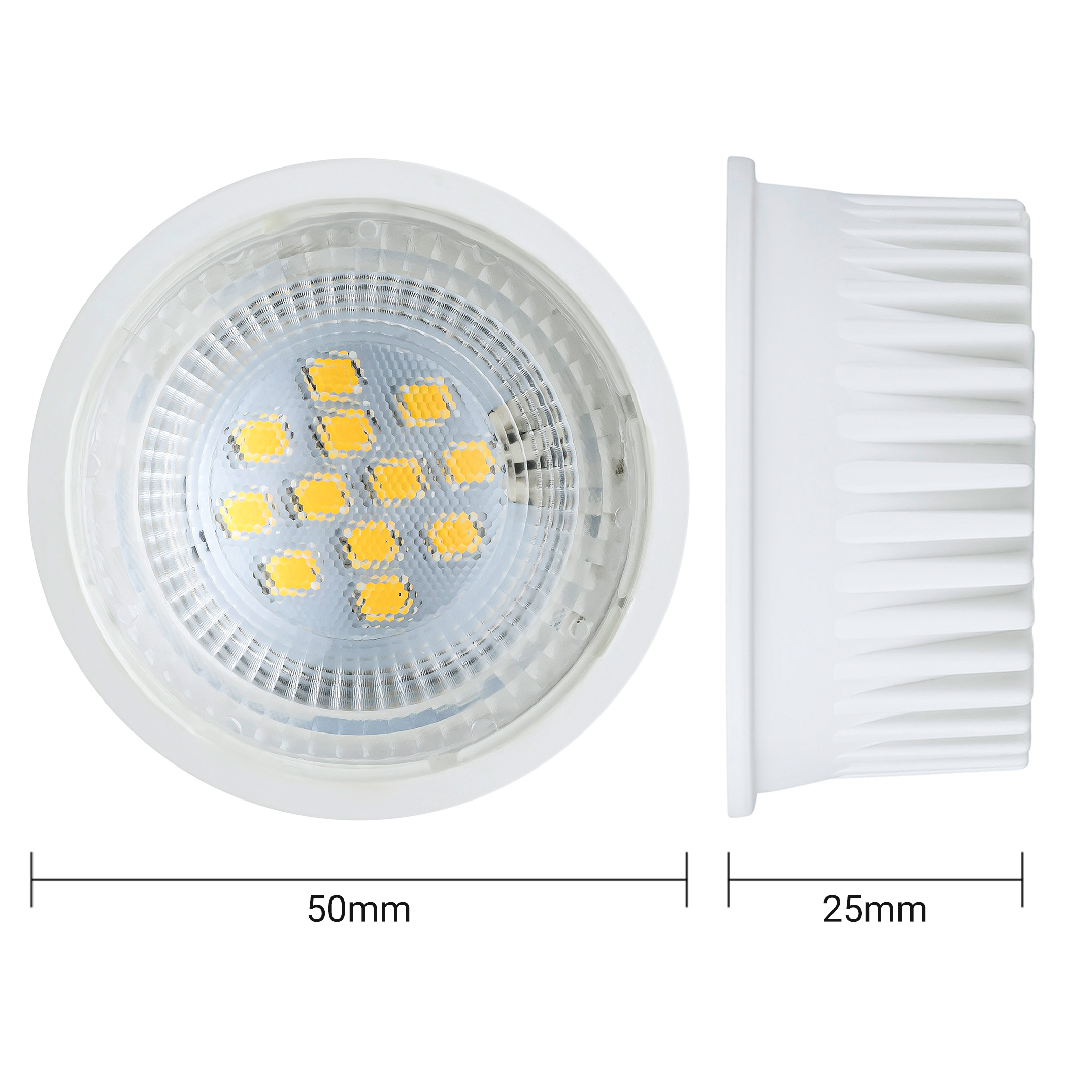 LED-Glühbirne, weiß und kreisförmig, mit den Texten "50mm" und "25mm", die die Abmessungen angeben.