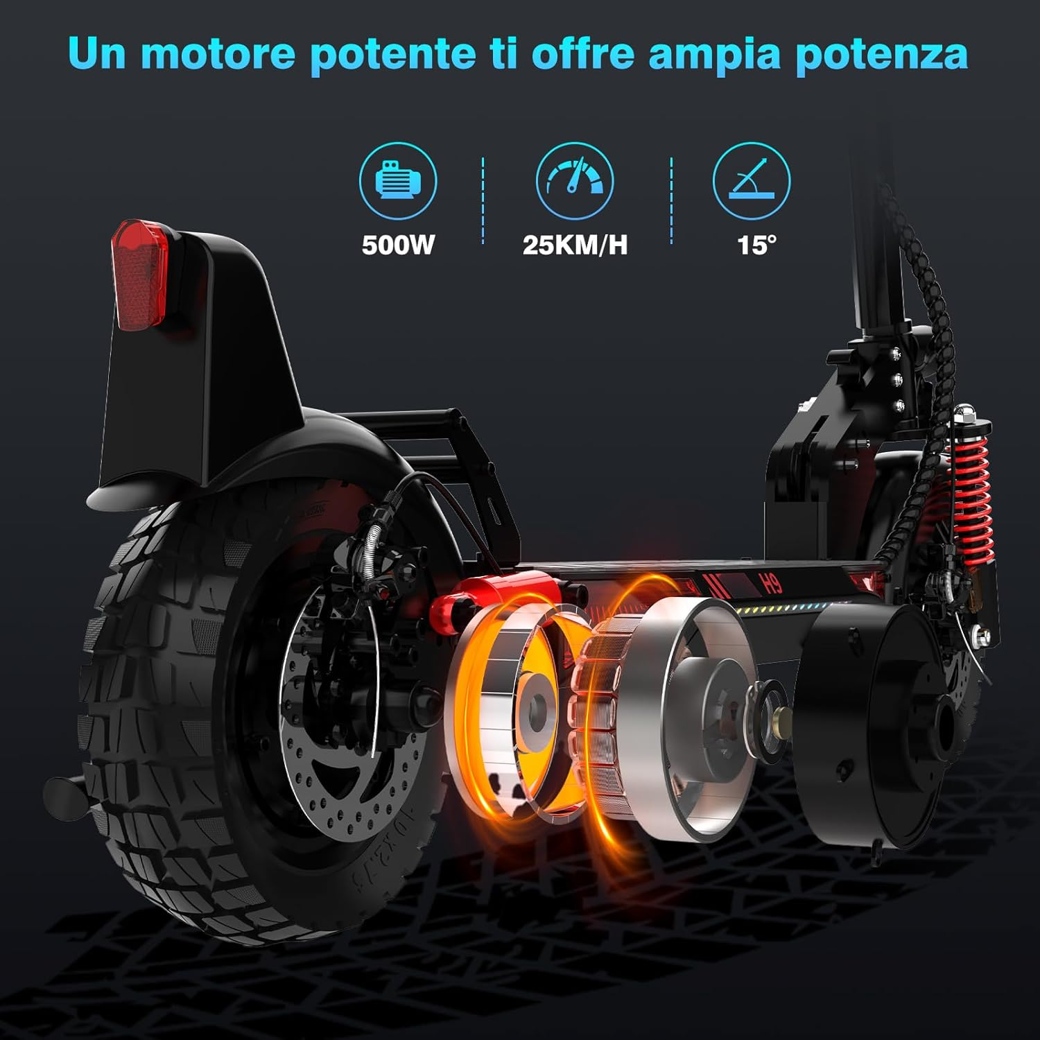 Diagramma dei componenti dello scooter con testo, inclusi i dettagli sulla potenza del motore e sulla velocità.