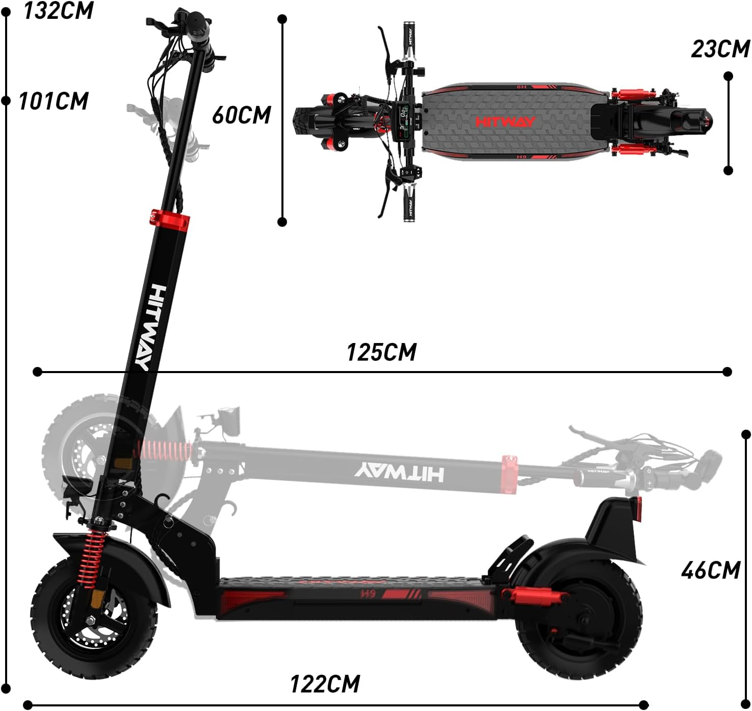 Patinete eléctrico Hitway negro, detalles en negro y rojo. Dimensiones en centímetros.