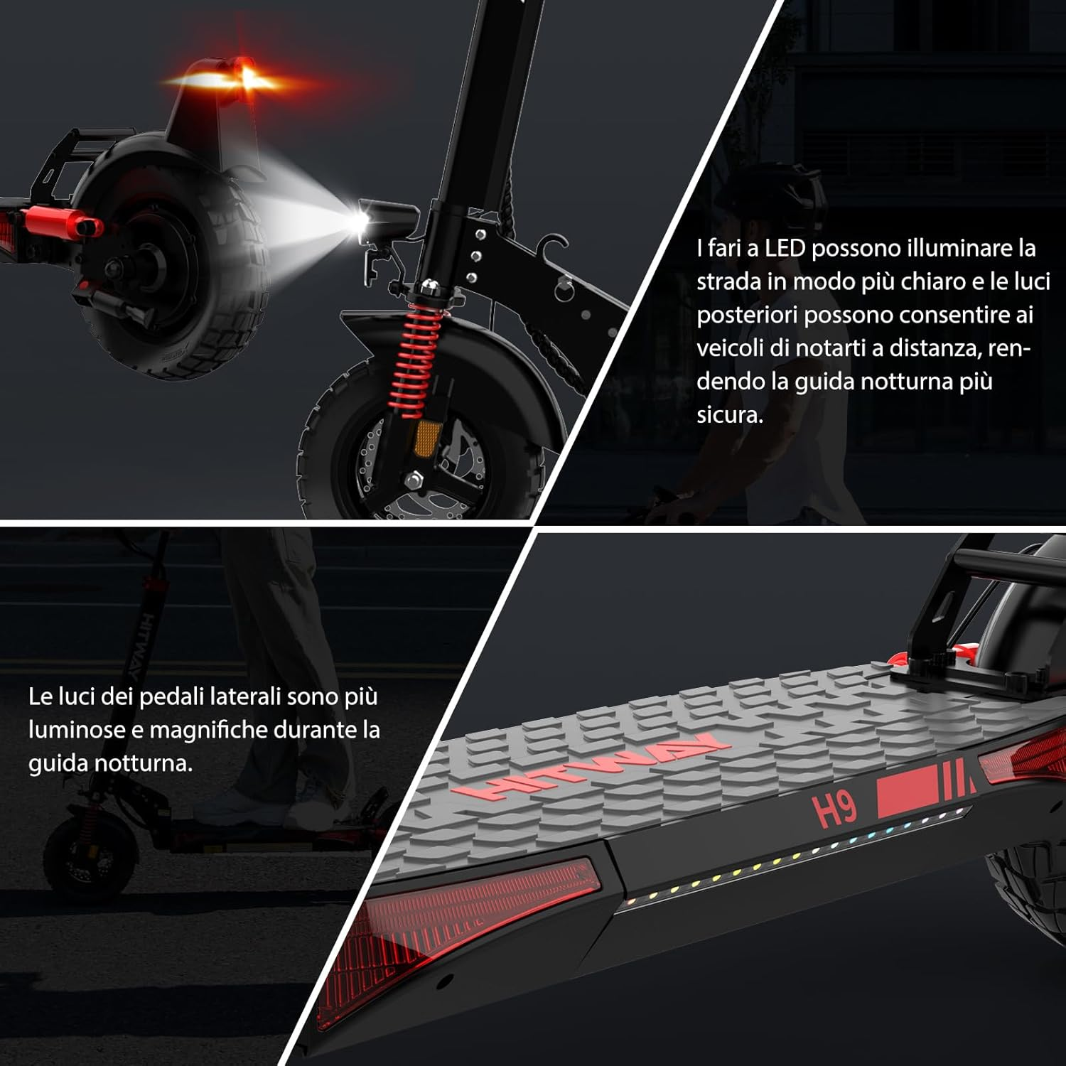 Primo piano di un monopattino elettrico nero e rosso con luci accese.