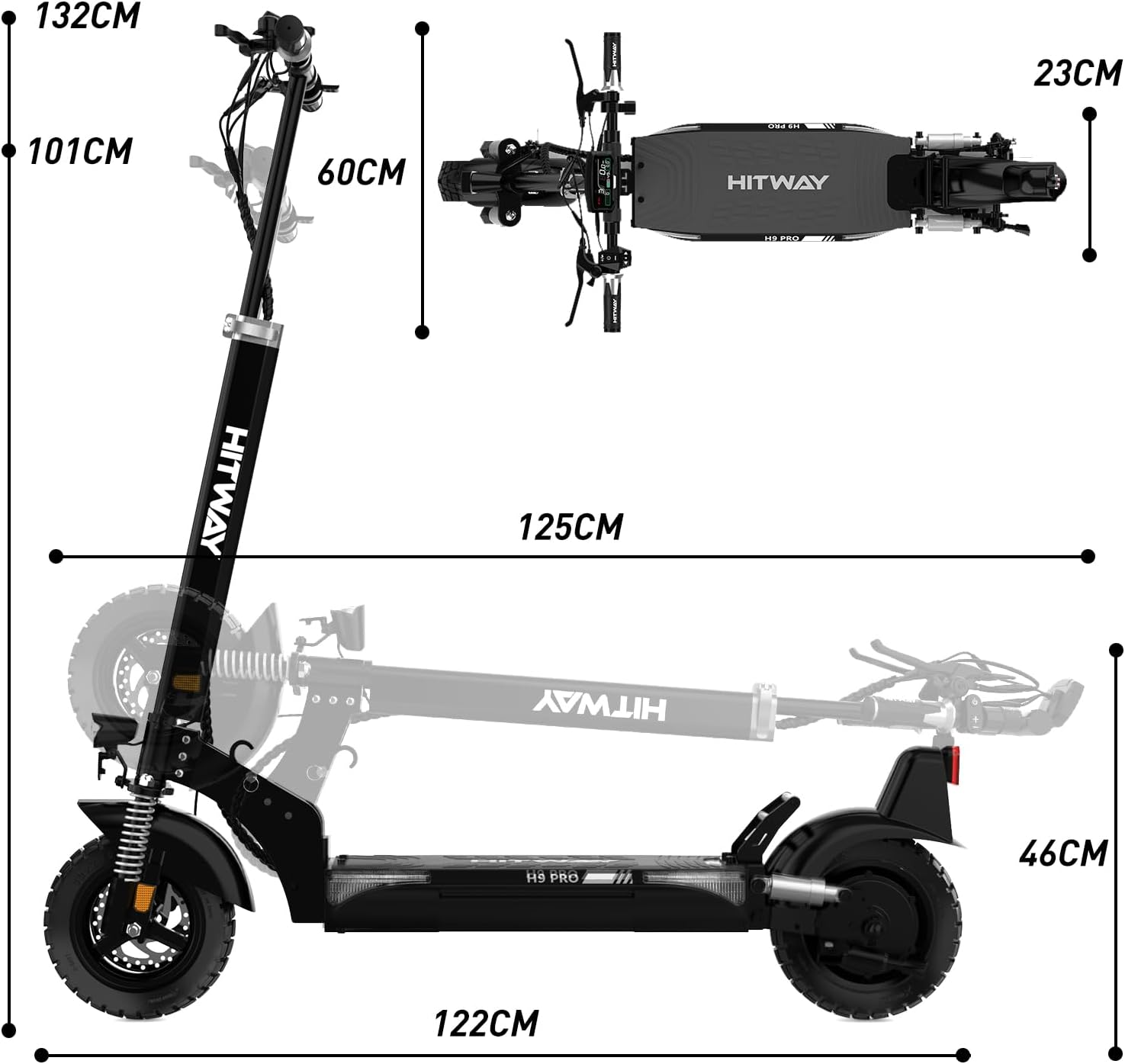 Patinete eléctrico HITWAY H9 PRO negro con dimensiones etiquetadas. Fondo blanco.
