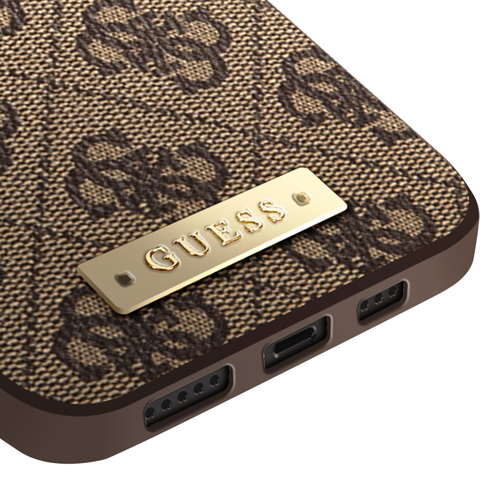 Telefoonhoesje met een bruin Guess-logopatroon en een gouden Guess-plaatje.