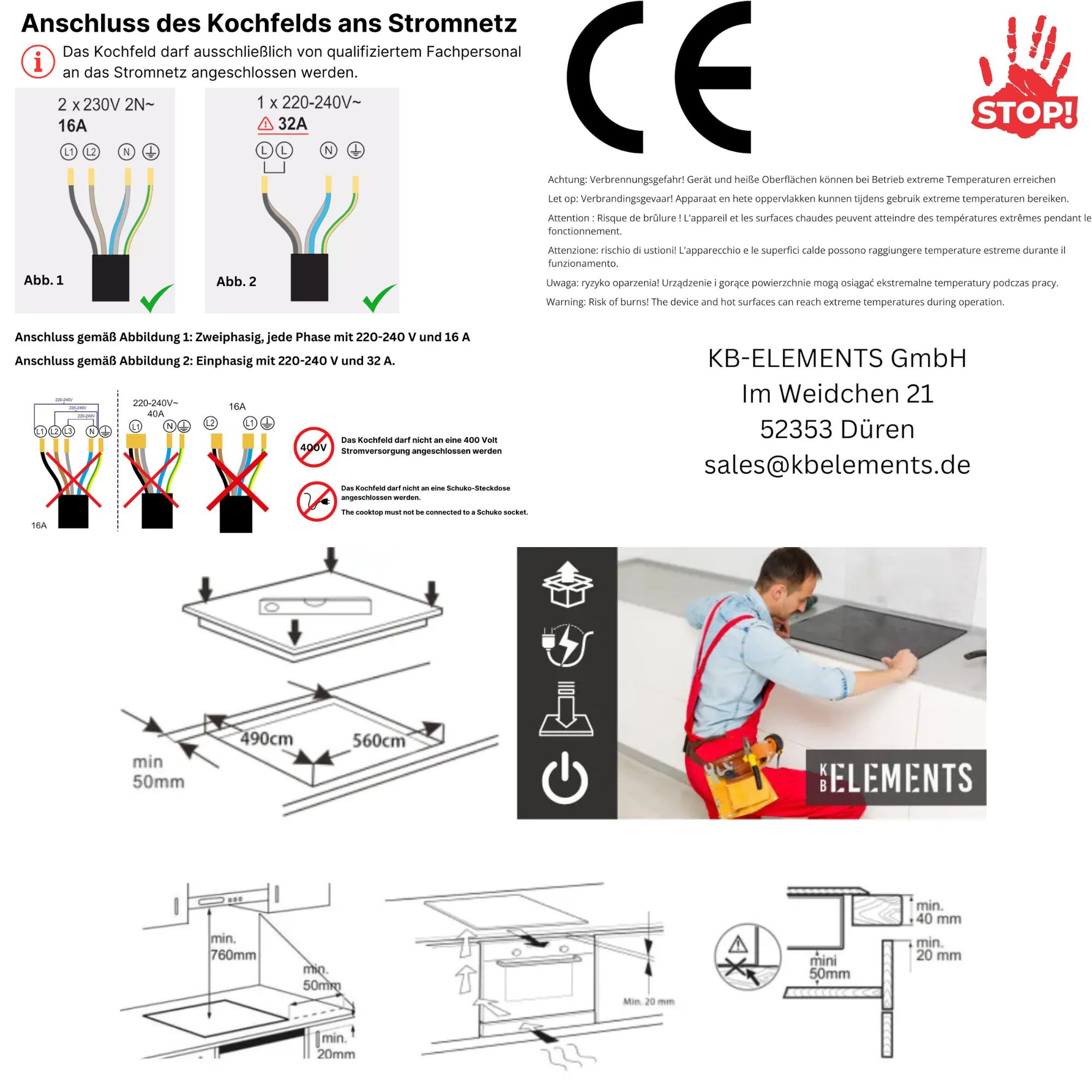 Diagramm mit Text und Illustrationen von elektrischen Verdrahtungsanschlüssen und Sicherheitshinweisen.