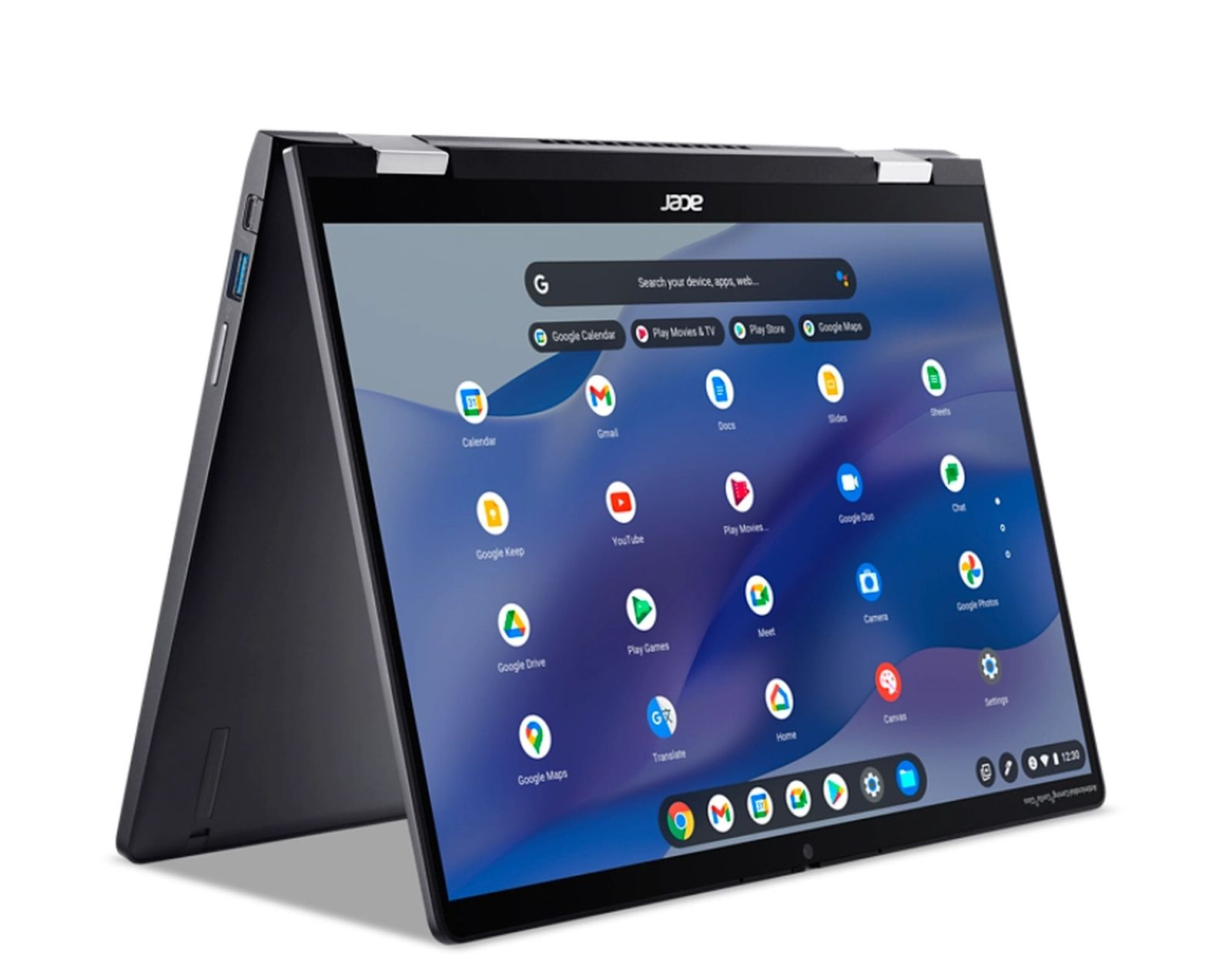 Ein schwarzer Laptop mit Bildschirm, der einen Homescreen mit App-Symbolen zeigt.