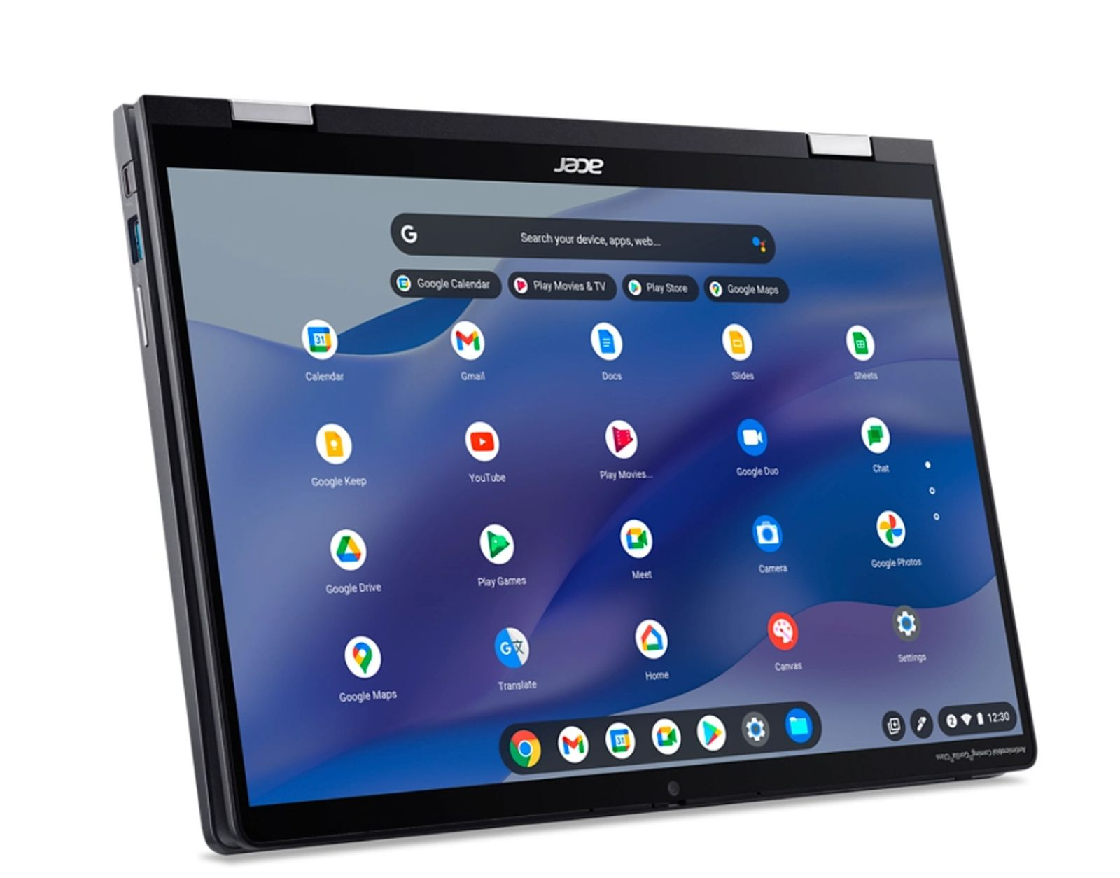 Ein schwarzes und silbernes Acer Chromebook Tablet, geöffnet und zeigt den Startbildschirm mit Apps.