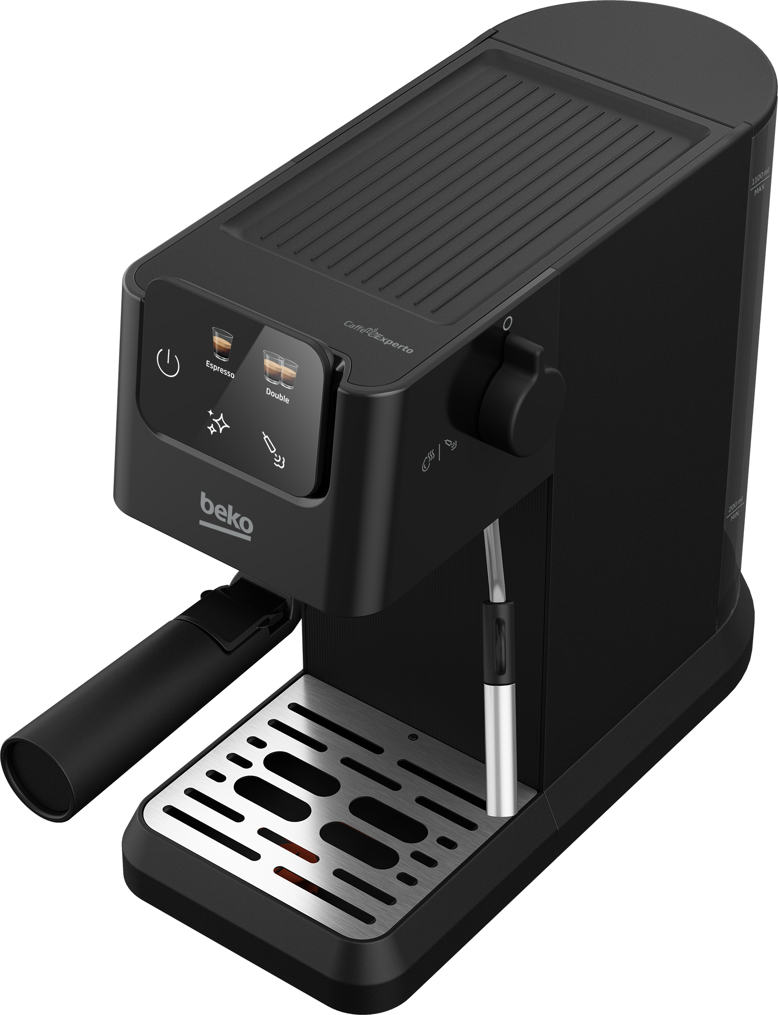 Schwarze Beko Espressomaschine mit silberner Abtropfschale und Knöpfen für Kaffeeoptionen.