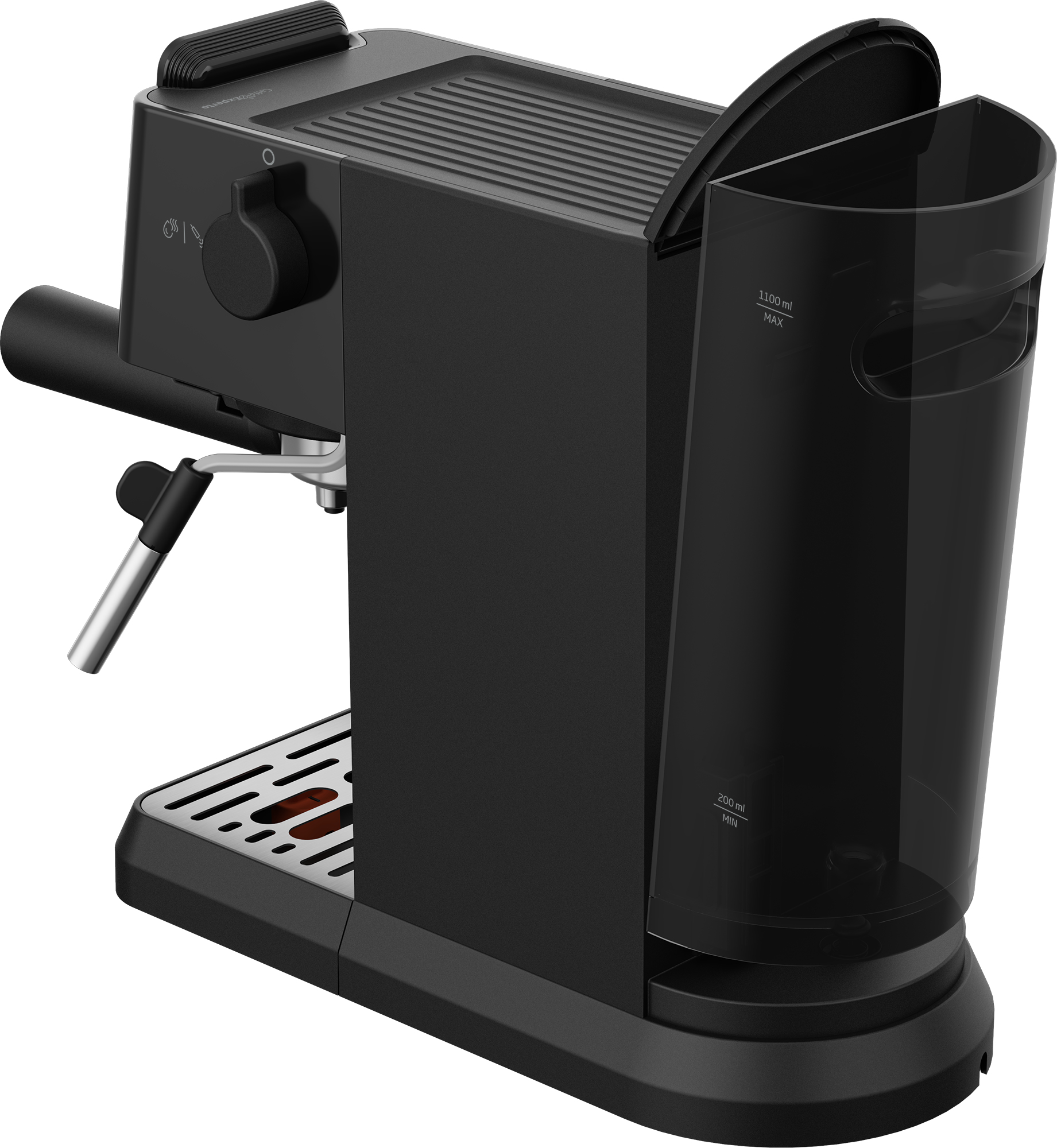 Schwarze Espressomaschine, Wassertank offen, Stahldetails, auf Weiß.