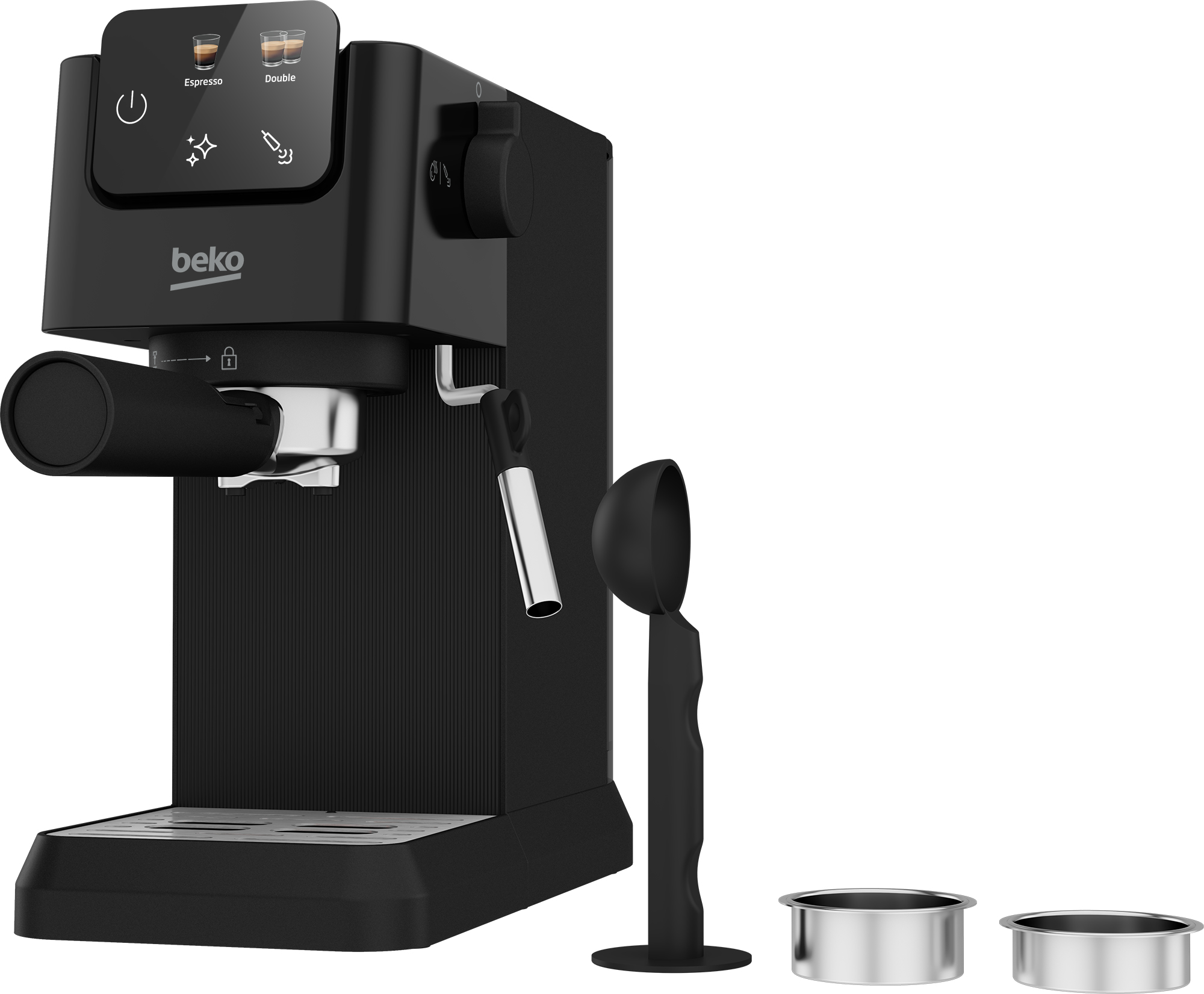 Schwarze Espressomaschine mit zwei Siebträgern und einem Löffel.