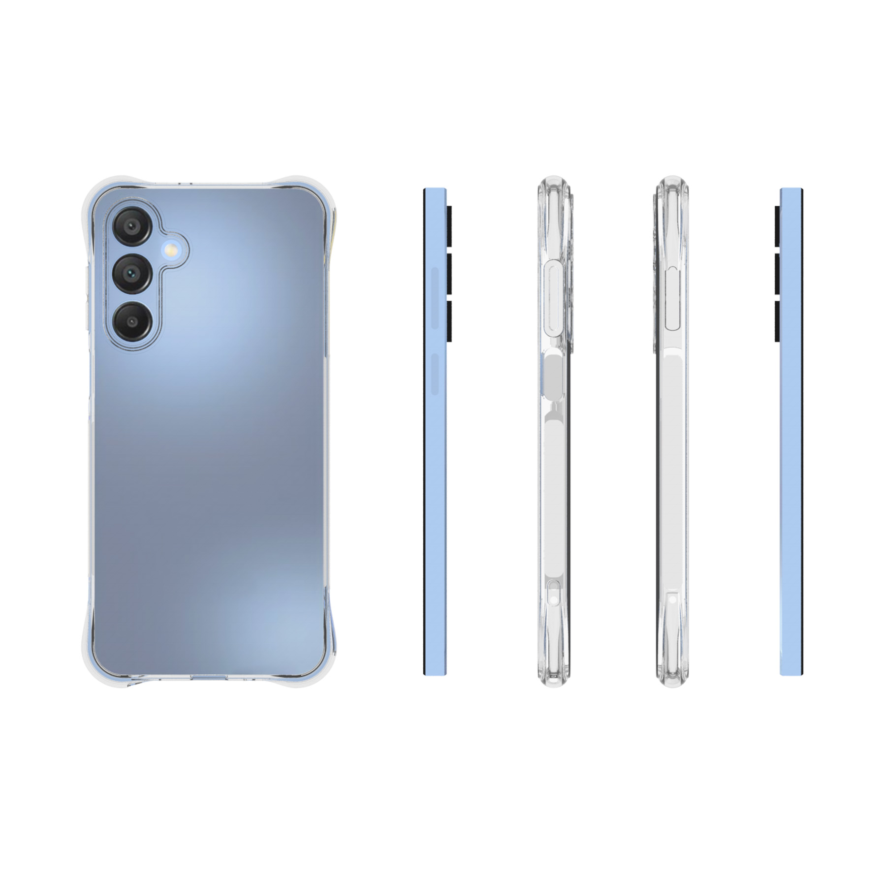 Handyhülle mit klaren Seiten und blauem Rücken, zeigt das Telefon.