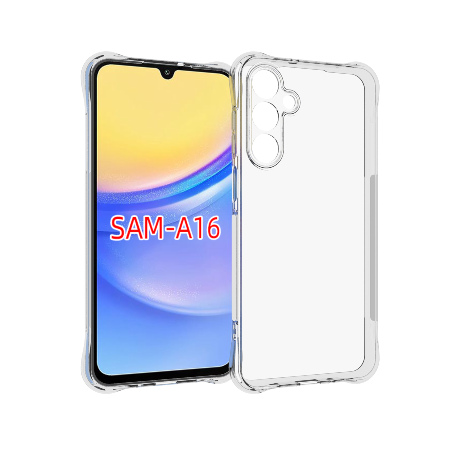 Eine transparente Handyhülle mit einem Telefon darin, das den Text 'SAM-A16' zeigt.