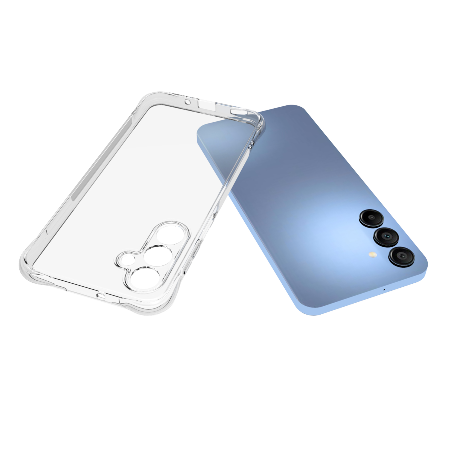 Blaues Smartphone mit einer transparenten Schutzhülle daneben, beides auf weißem Hintergrund.