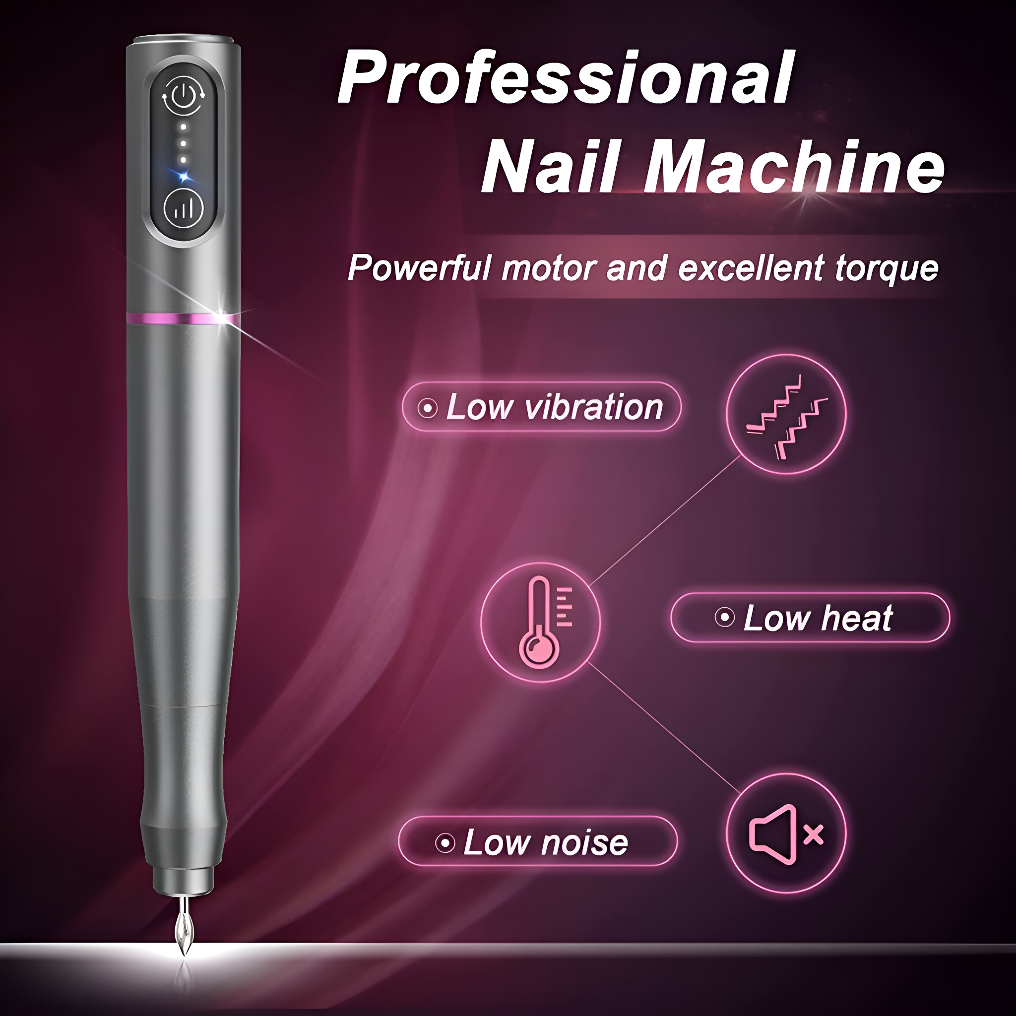 Eine silberne Nagelmaschine mit Bohrer, beschriftet mit 'Professional Nail Machine'.