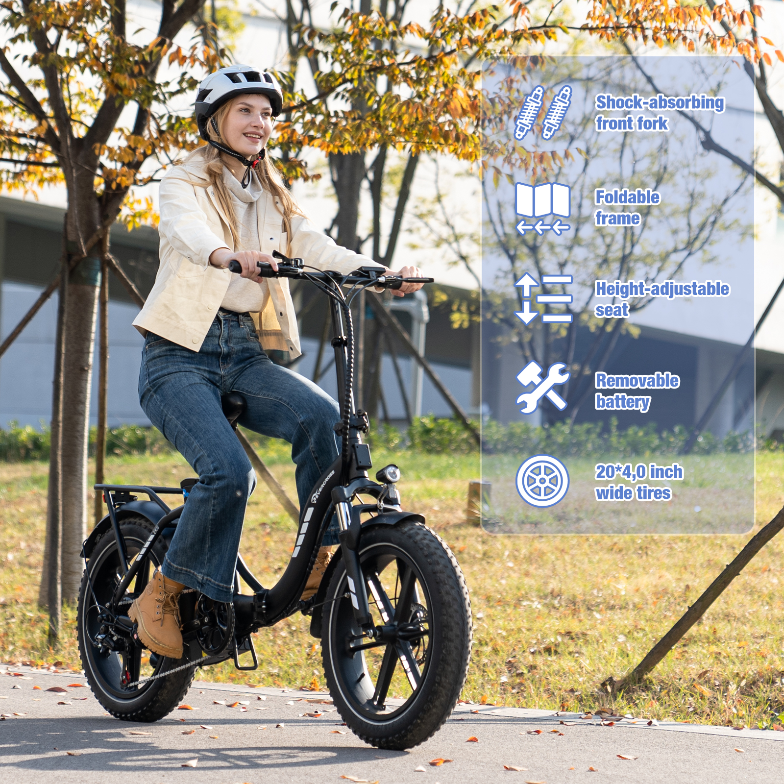 Een vrouw rijdt op een elektrische fiets op een weg, met diagrammen die fietskenmerken tonen.