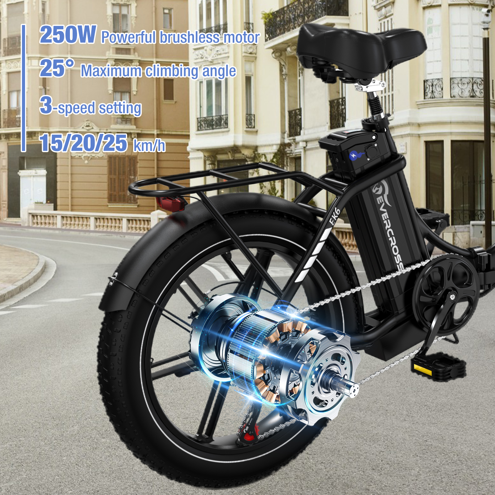 Elektrische fiets op de weg met motordetail: 250W, 25° hoek, 3 snelheden, 15/20/25km/h.