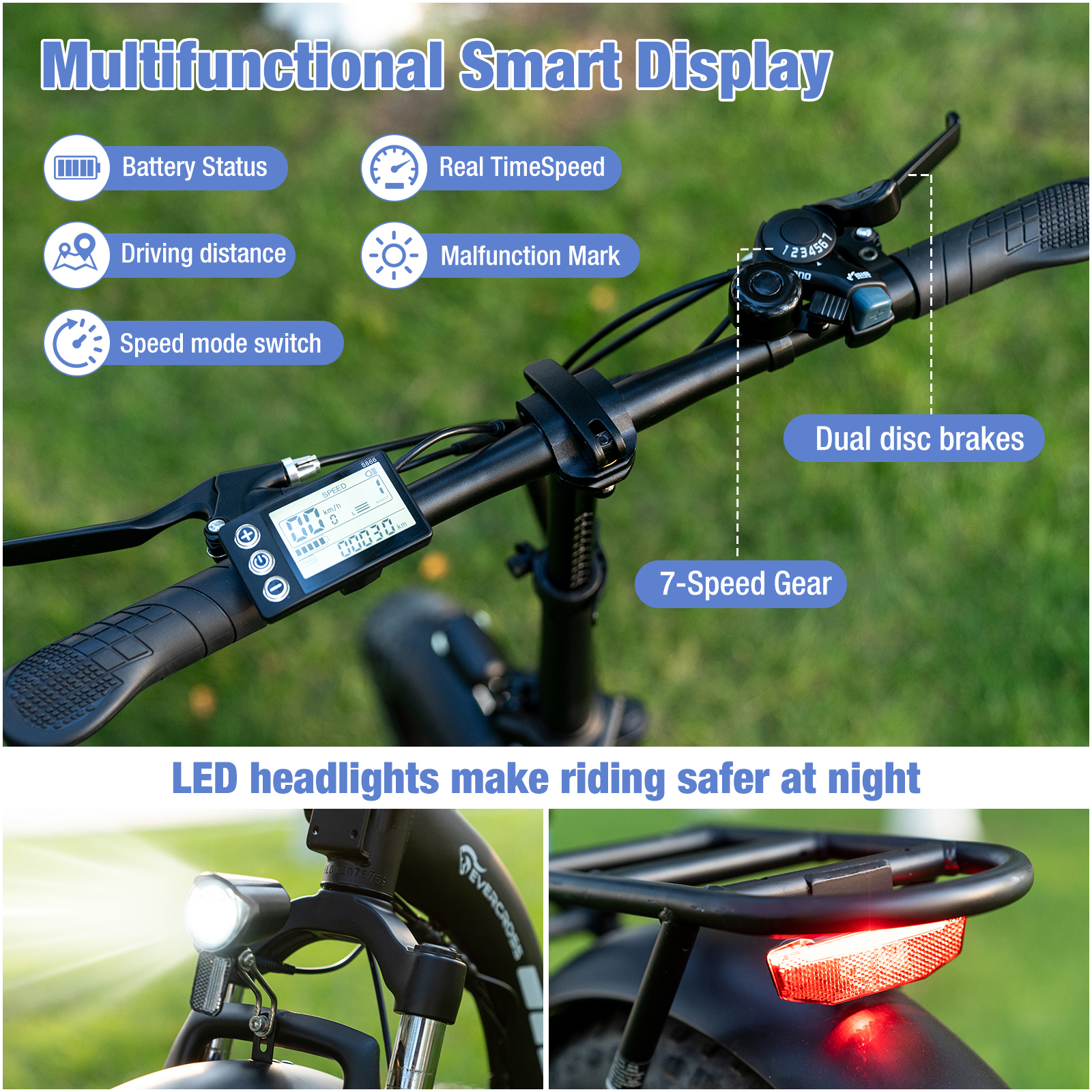 Een elektrische scooter met een slim display dat snelheid, afstand en batterijstatus toont. LED-verlichting.