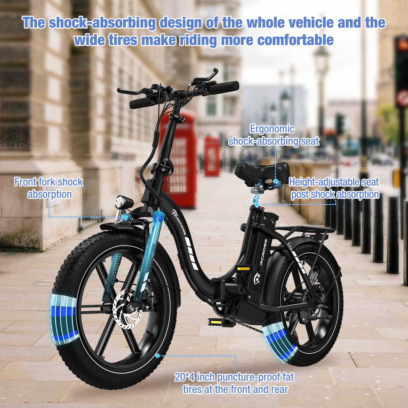 Zwarte elektrische fiets met gelabelde details, inclusief banden, vering en zadel.