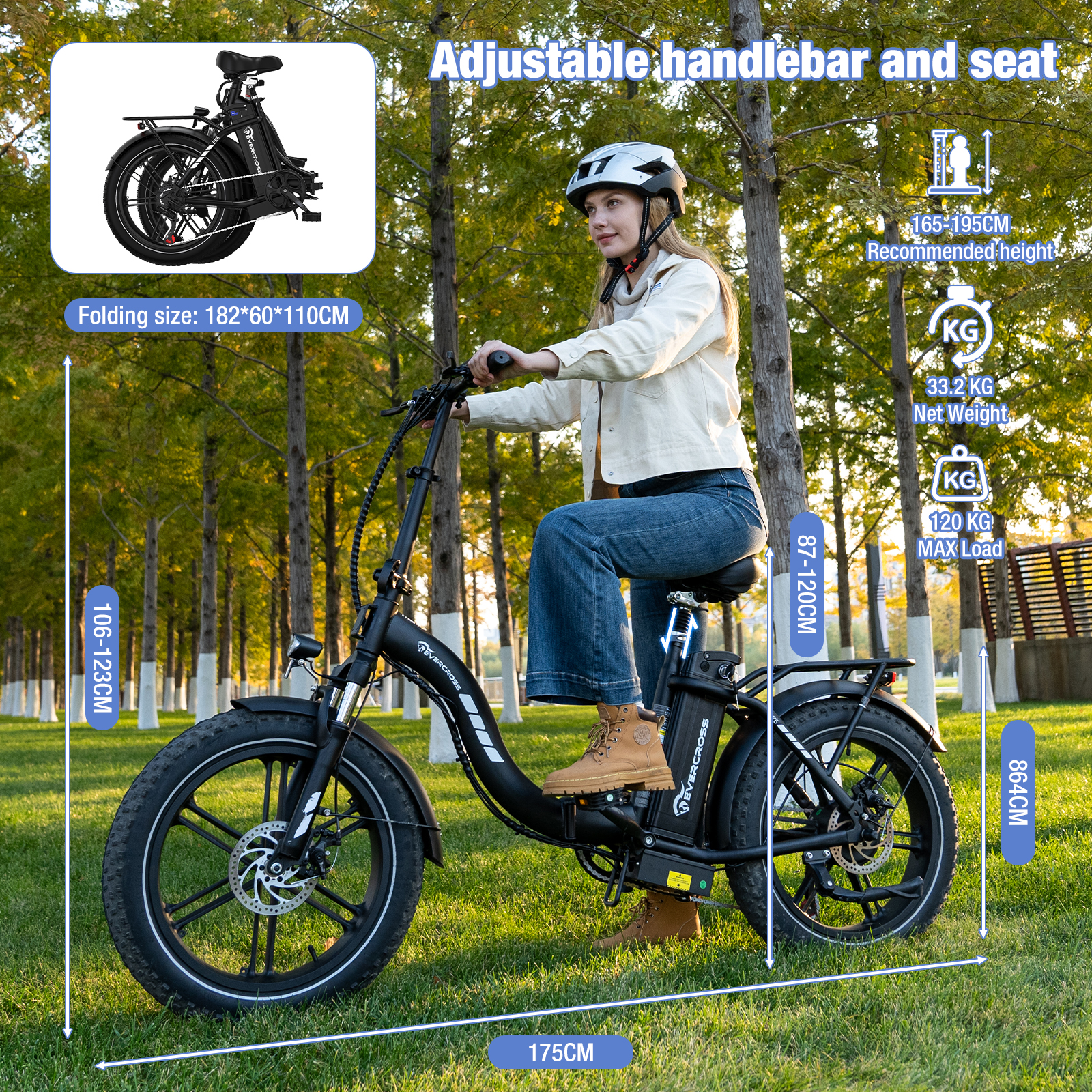 Een vrouw rijdt op een elektrische fiets, met detaildiagrammen van fietskenmerken.