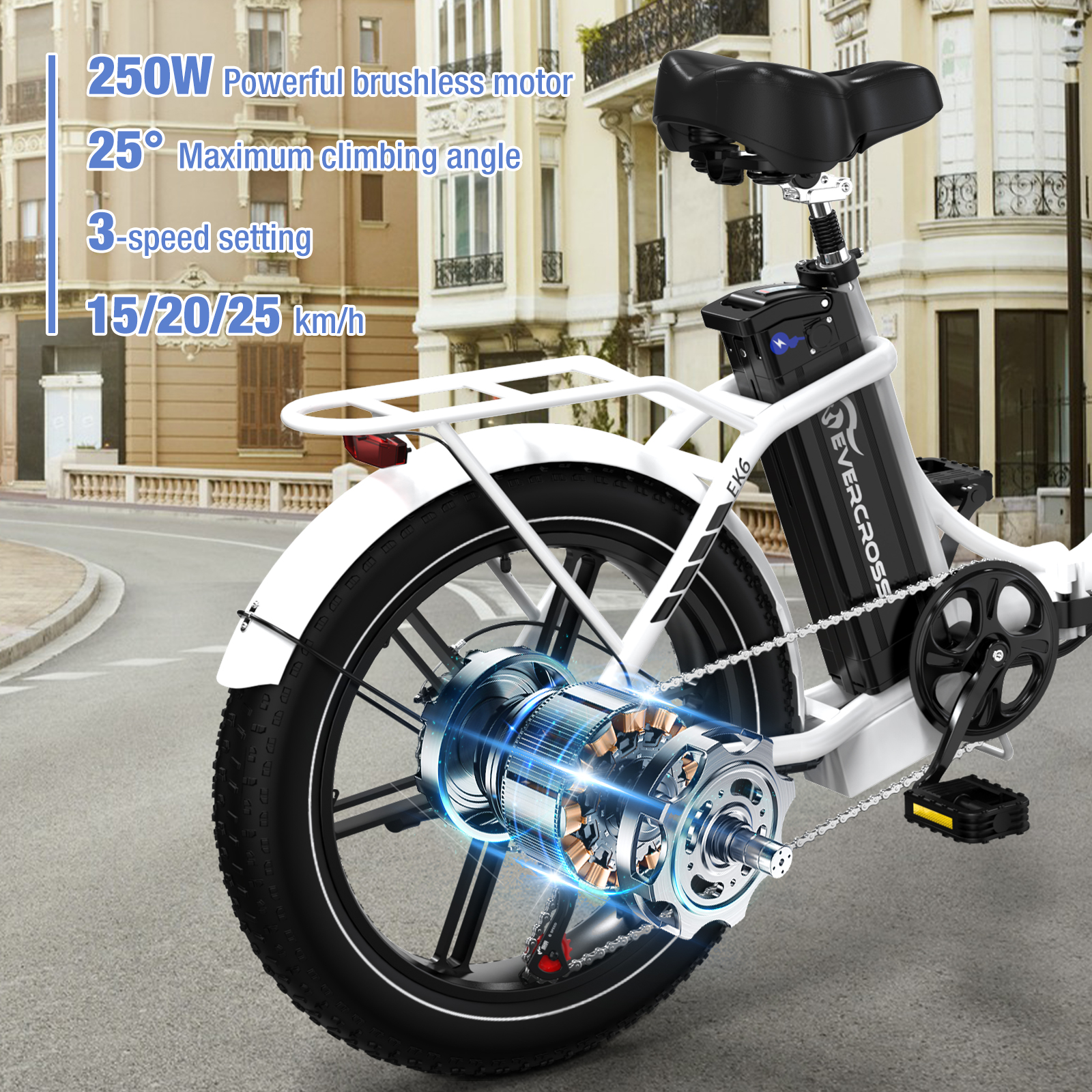 Achteraanzicht van een elektrische fiets met wit frame. Kenmerken: 250W motor, 25° hoek, 3 snelheden. Stad.