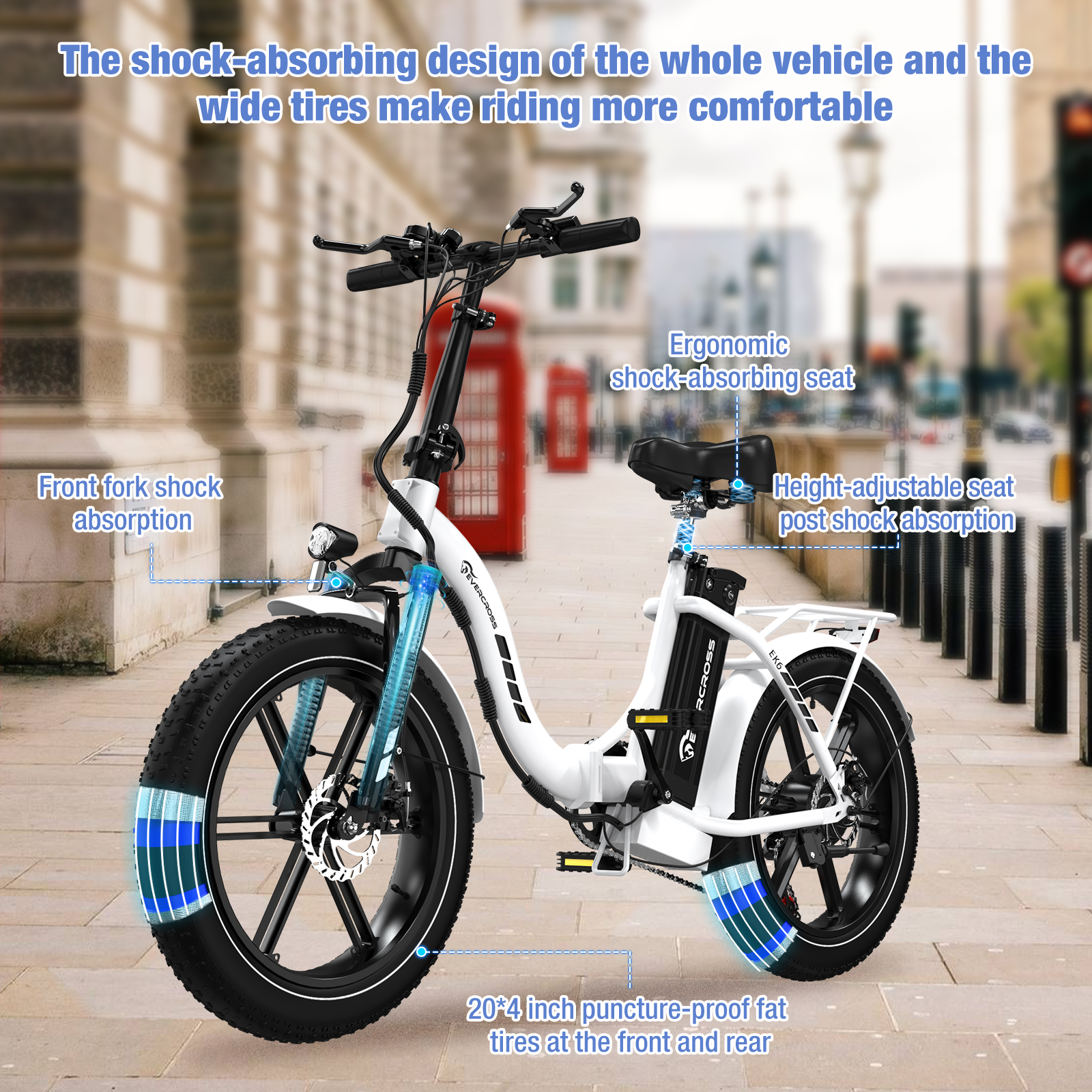 Witte elektrische fiets met diverse functies. Inclusief schokabsorptie, brede banden en verstelbare zitting.