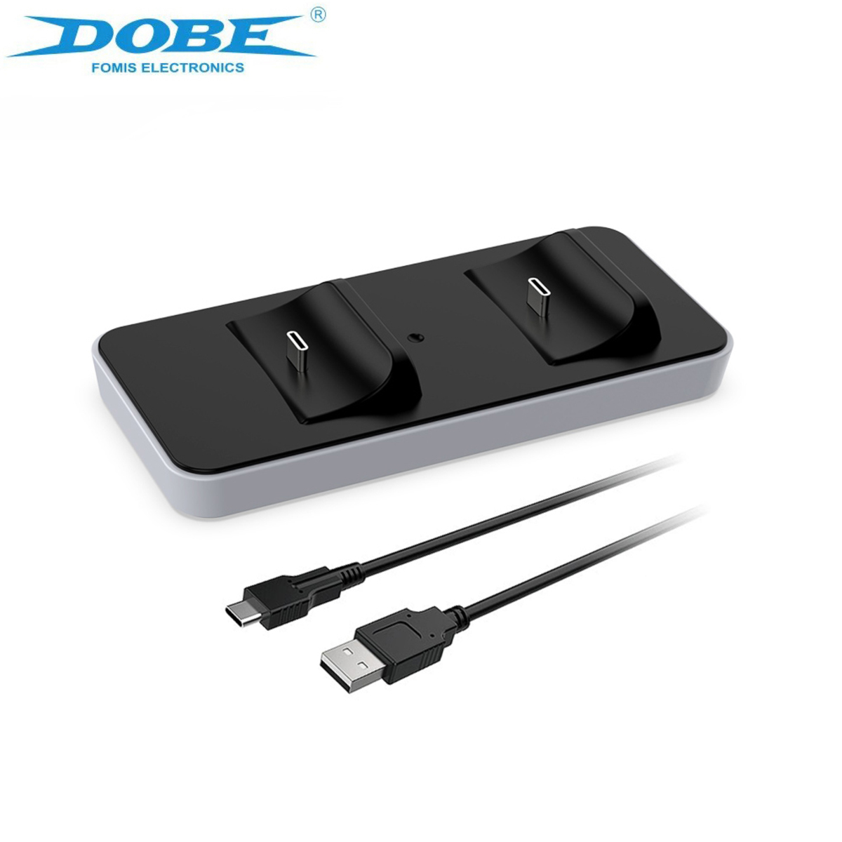 Una base de carga en blanco y negro para mandos de juegos, con dos cables USB y la marca.