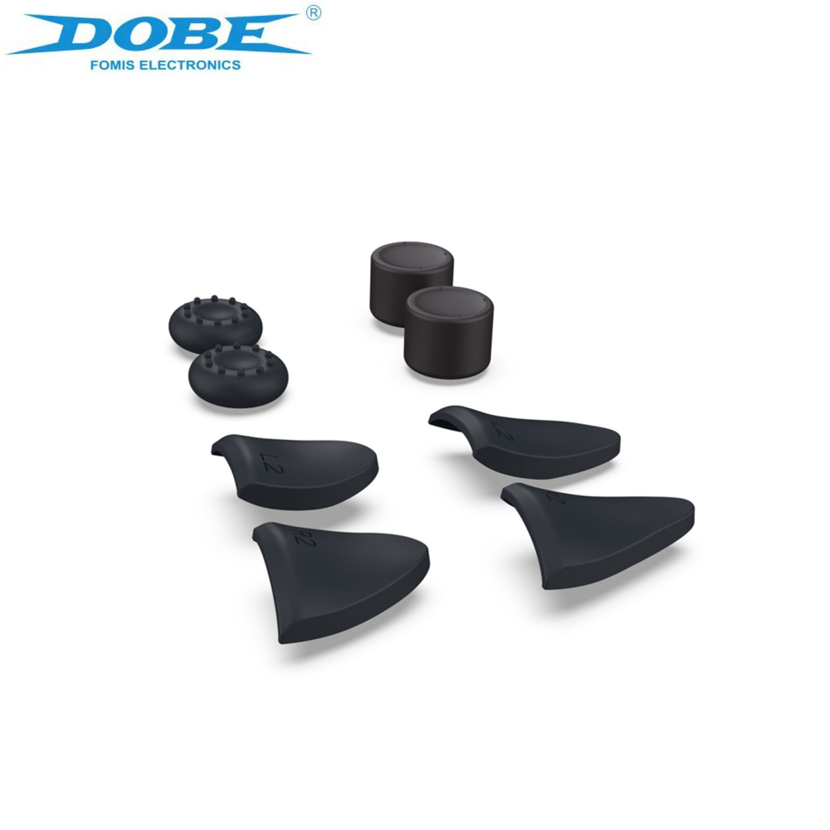 Juego de accesorios de controlador negros: agarres para pulgares y extensores de gatillo, fondo blanco.