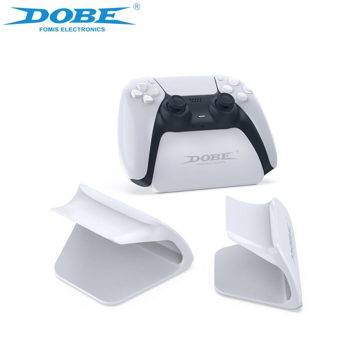 Mando de juegos blanco y negro con accesorios. Mando y soporte son blancos.