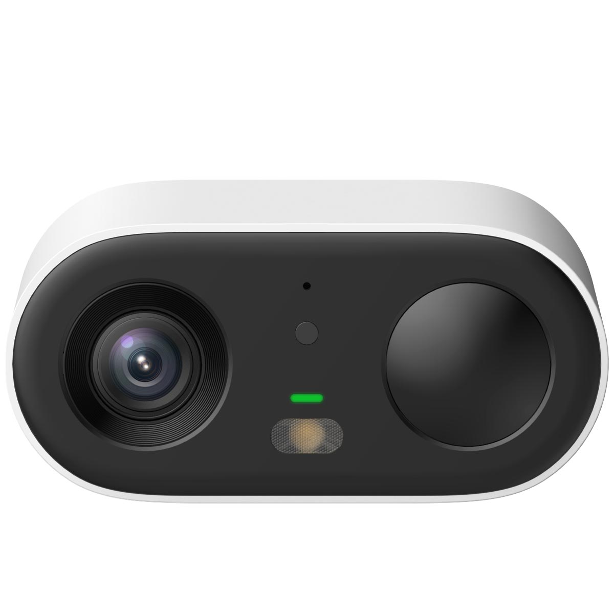 Biało-czarna kamera bezpieczeństwa z obiektywem, czujnikiem i zielonym wskaźnikiem.