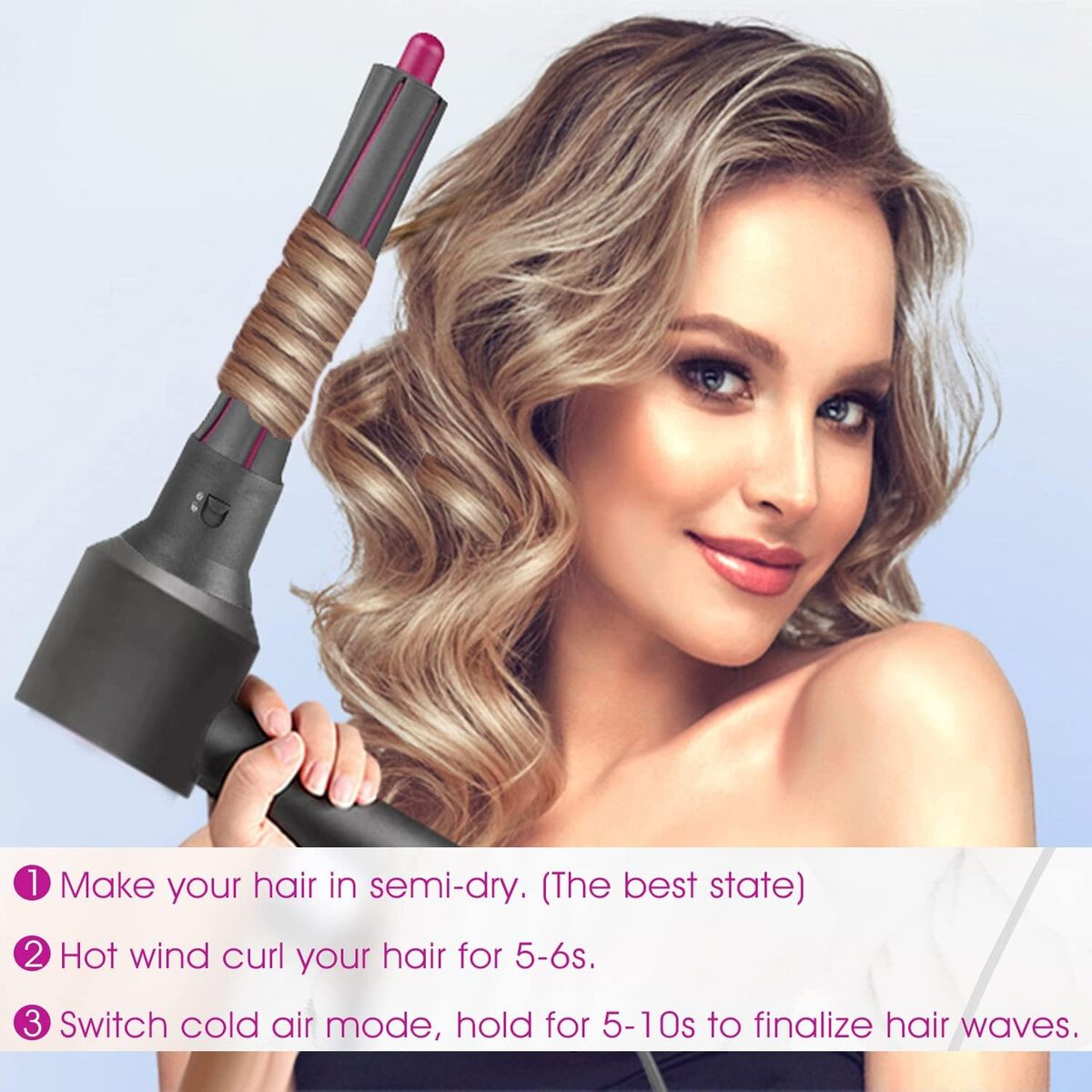 Una mujer usa una herramienta para peinar el cabello. Las instrucciones están impresas en la imagen.