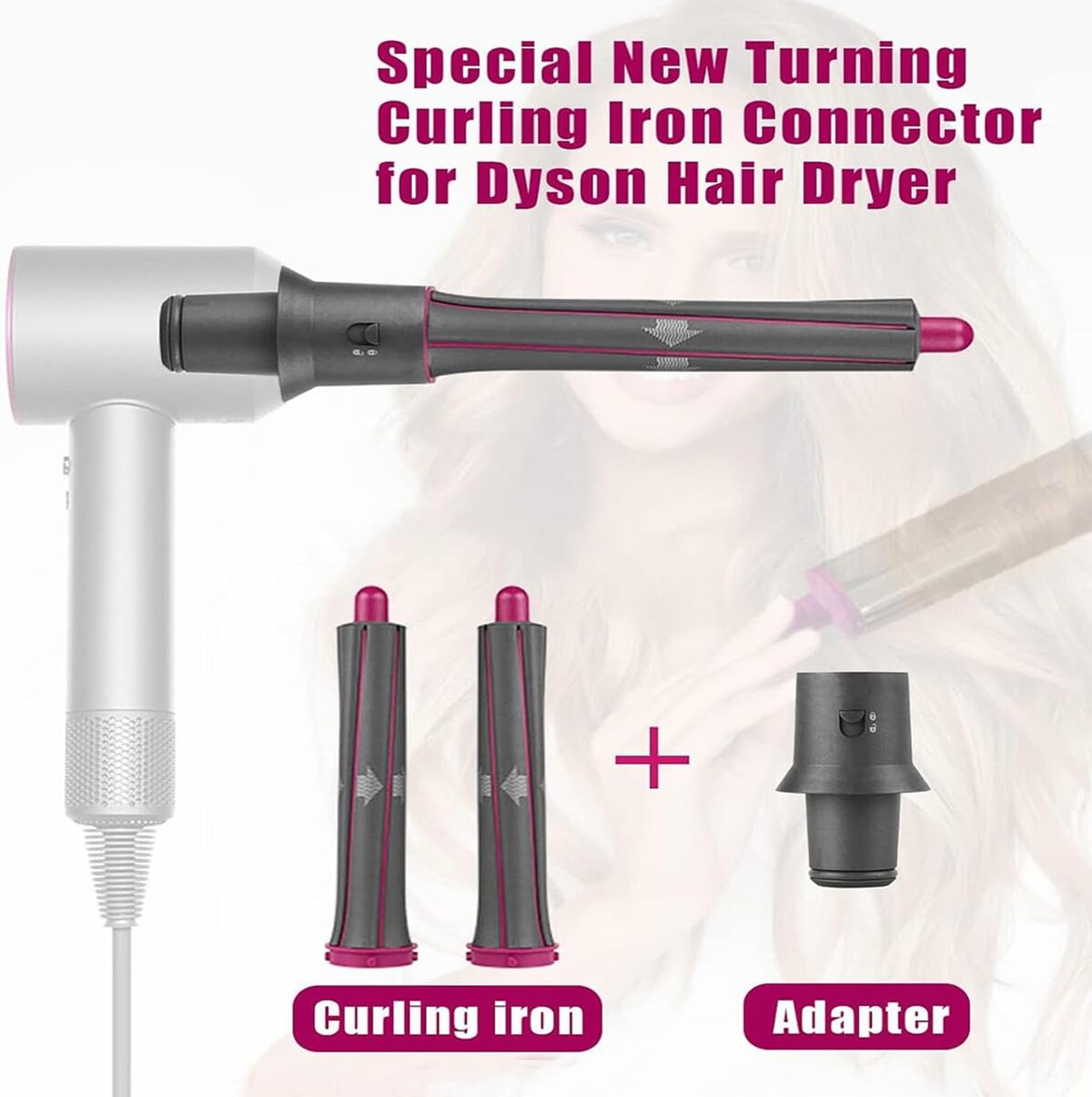 Accesorios para secador de pelo Dyson: rizador, adaptador y texto superpuesto en la imagen.