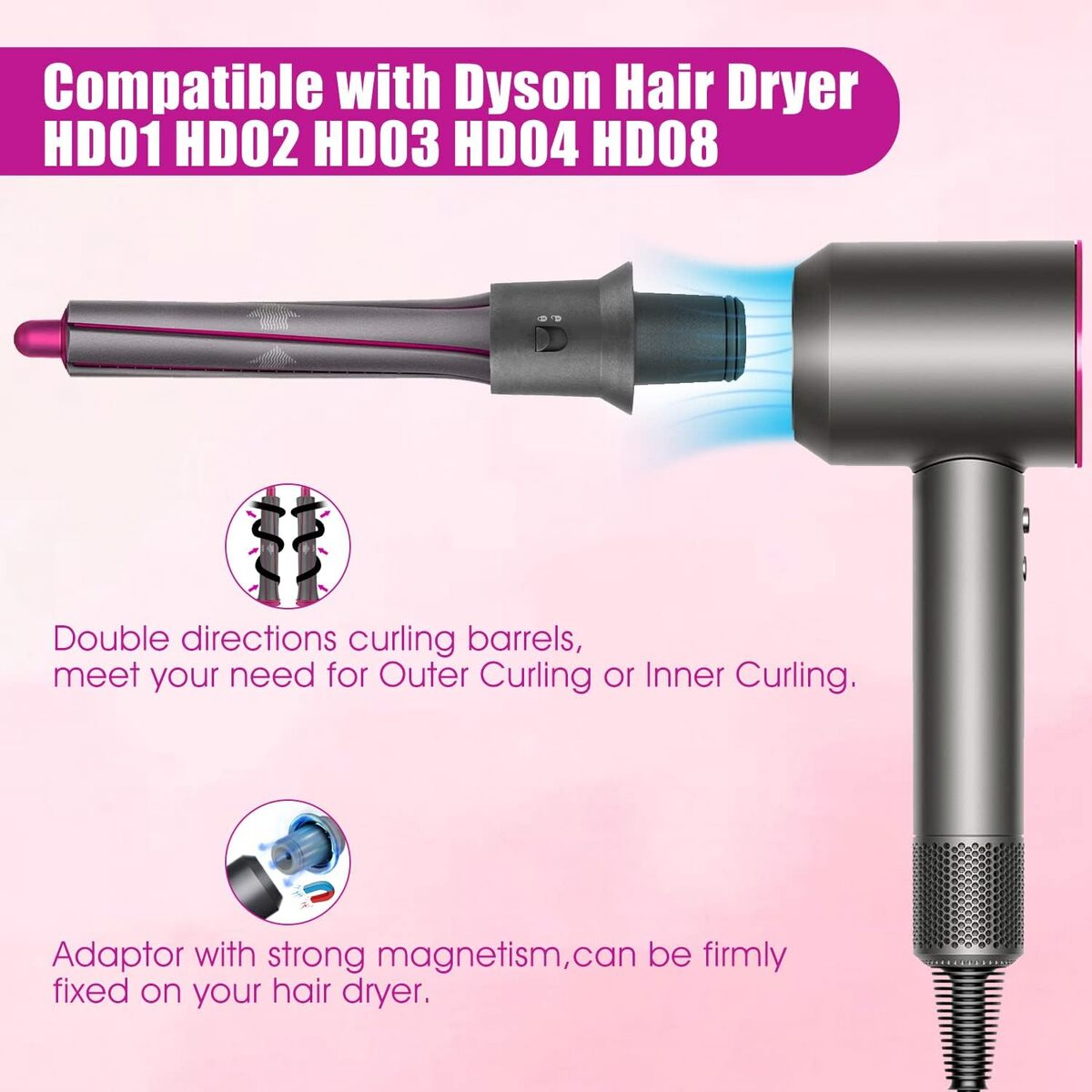 Secador de pelo con barriles rizadores y adaptador. El texto dice que es compatible con el secador Dyson.