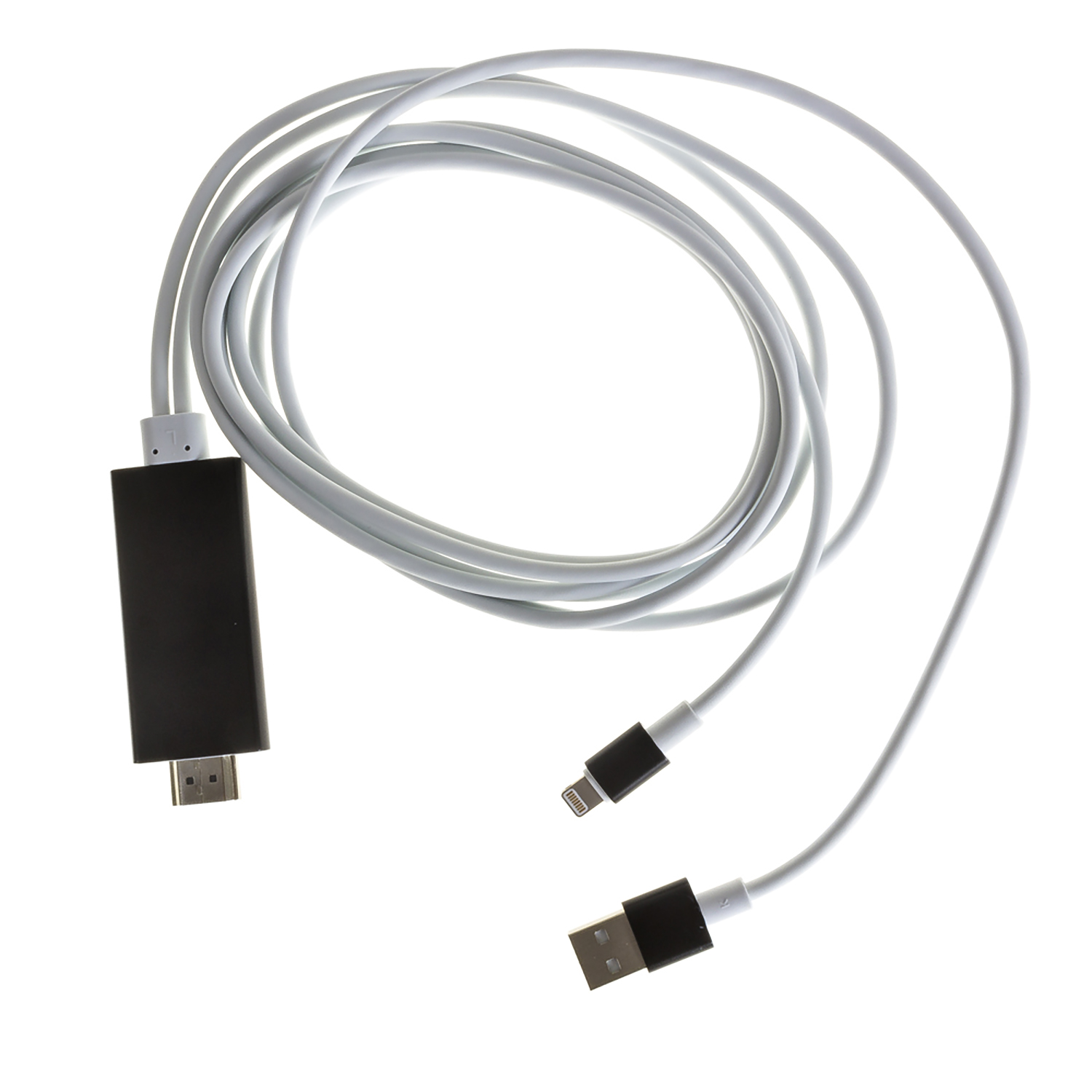 Cable blanco, con conectores HDMI, USB y Lightning sobre fondo blanco.