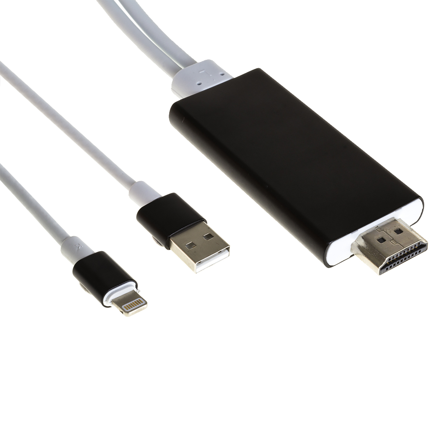 Cable blanco y gris con conectores Lightning, USB y HDMI. Fondo blanco.