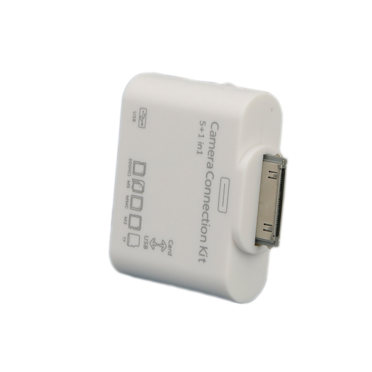 Un kit de conexión de cámara blanco con ranuras para USB, SD y otras conexiones.