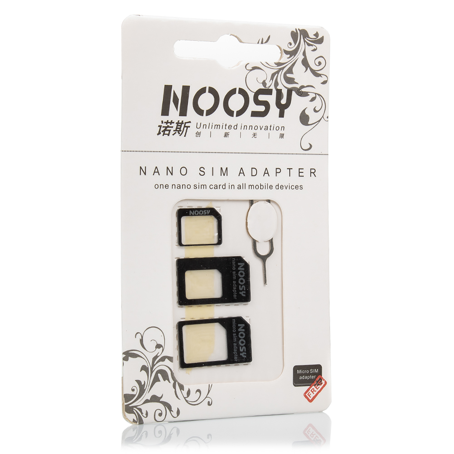 Paquete de adaptador Nano SIM con 3 adaptadores SIM y una herramienta de extracción, fondo blanco.