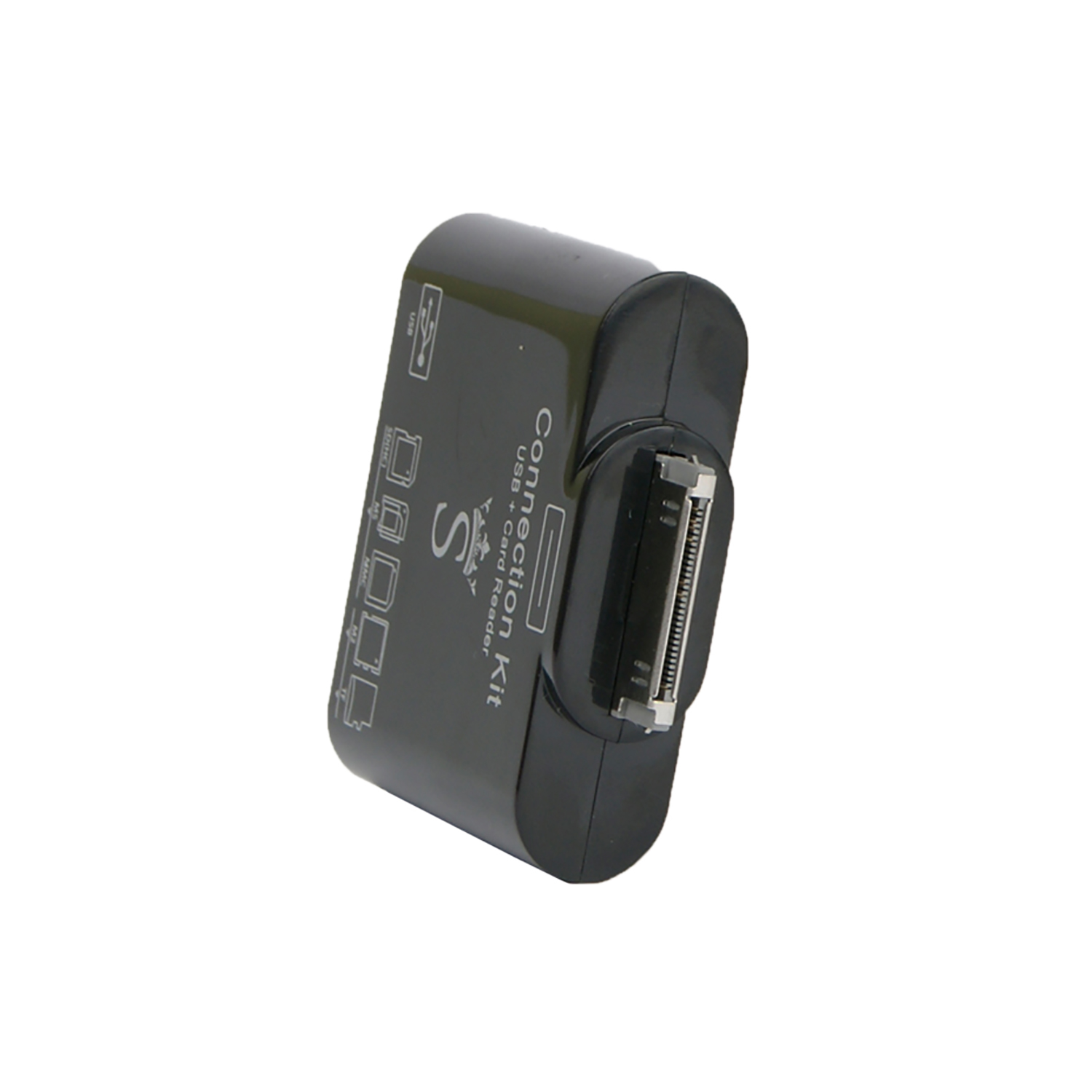 Kit de conexión negro con puertos USB y lector de tarjetas, en ángulo hacia la derecha.