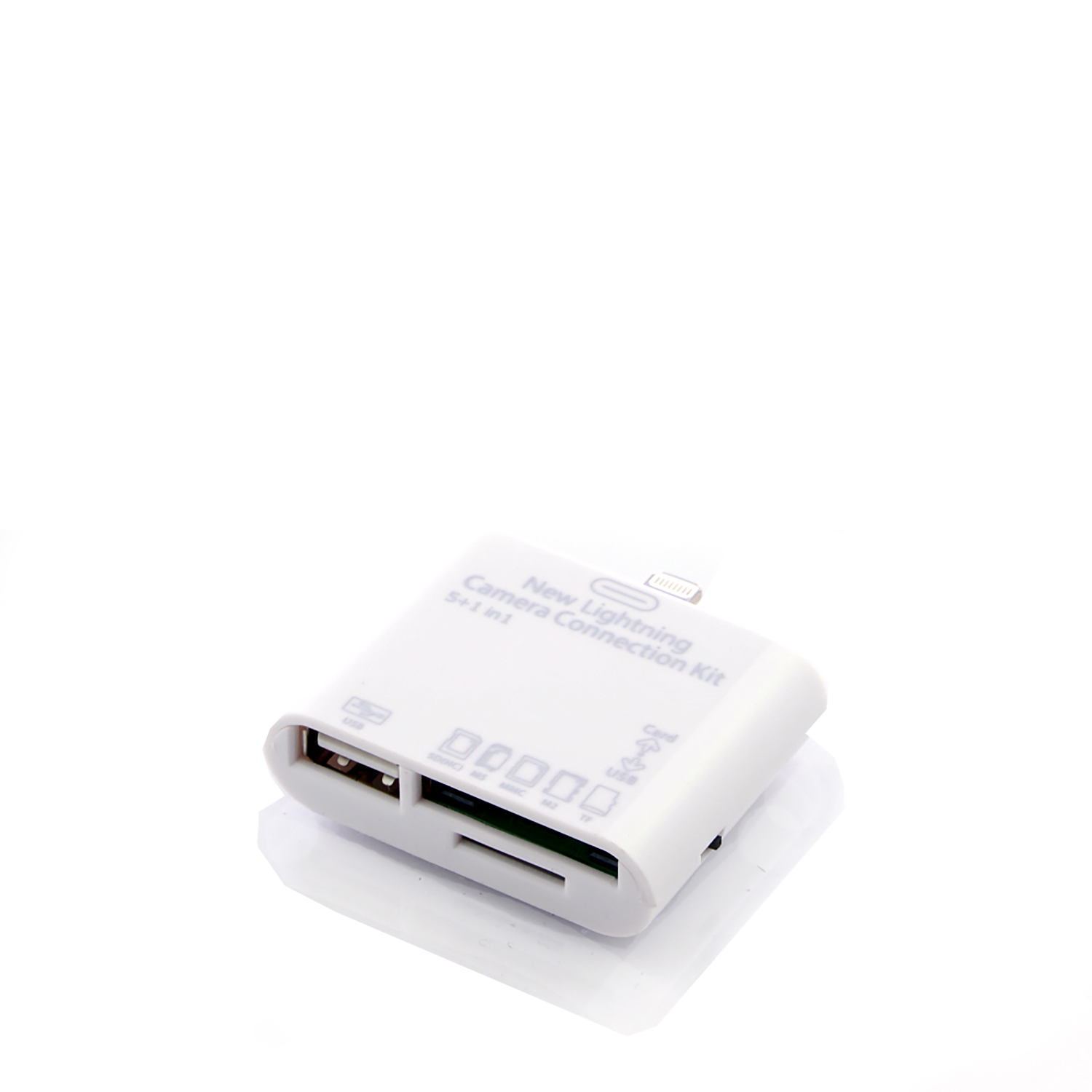 Kit de conexión de cámara Lightning blanco con puerto USB, ranura SD.