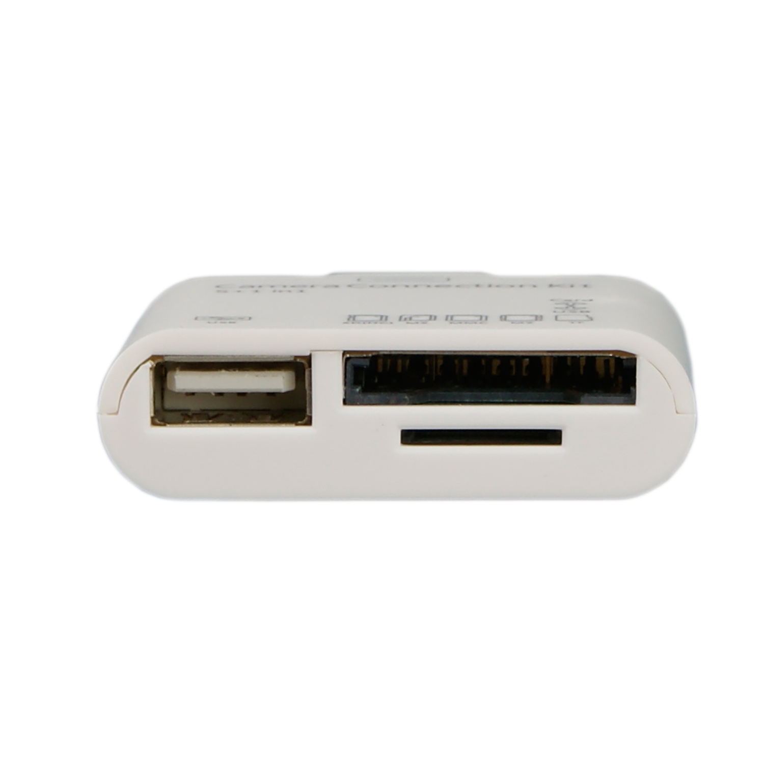 Lector de tarjetas USB y SD blanco. Tiene ranuras USB, SD y micro SD.