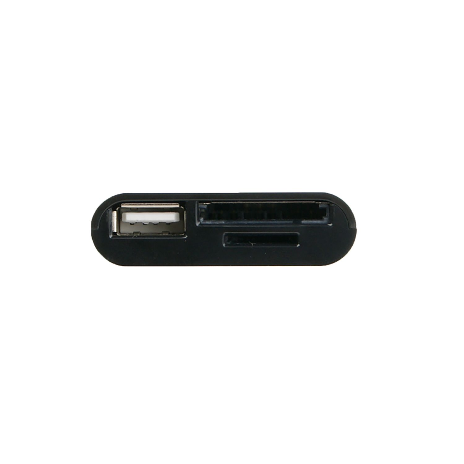 Lector de tarjetas negro con USB y ranuras para tarjetas. Fondo blanco.